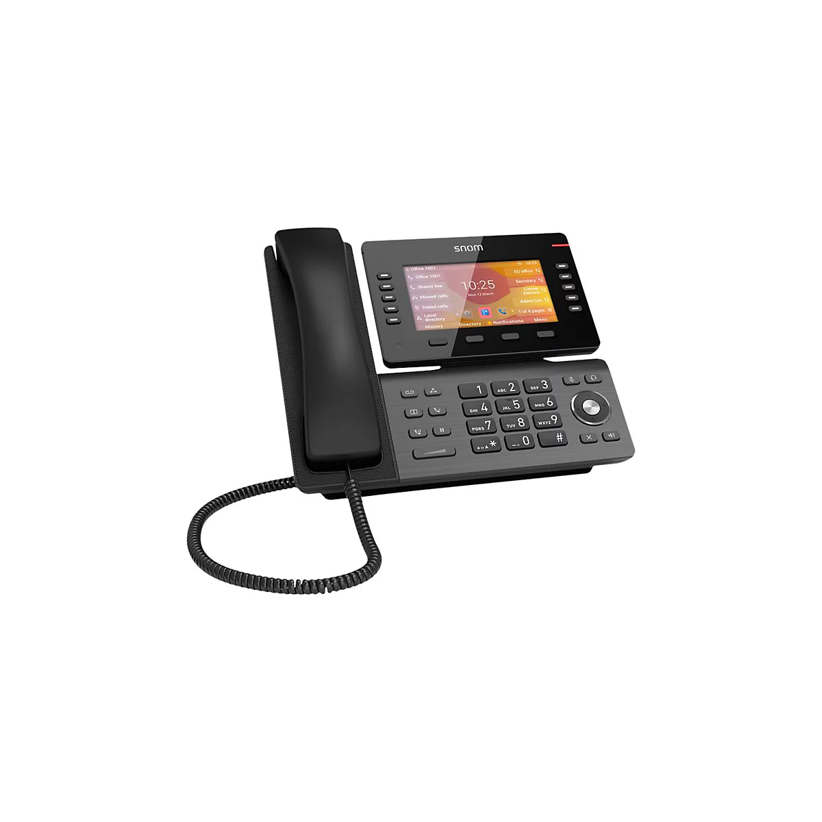 Téléphone de bureau sans fil noir avec écran tactile. L'écran affiche l'heure, la date et les éléments du menu.