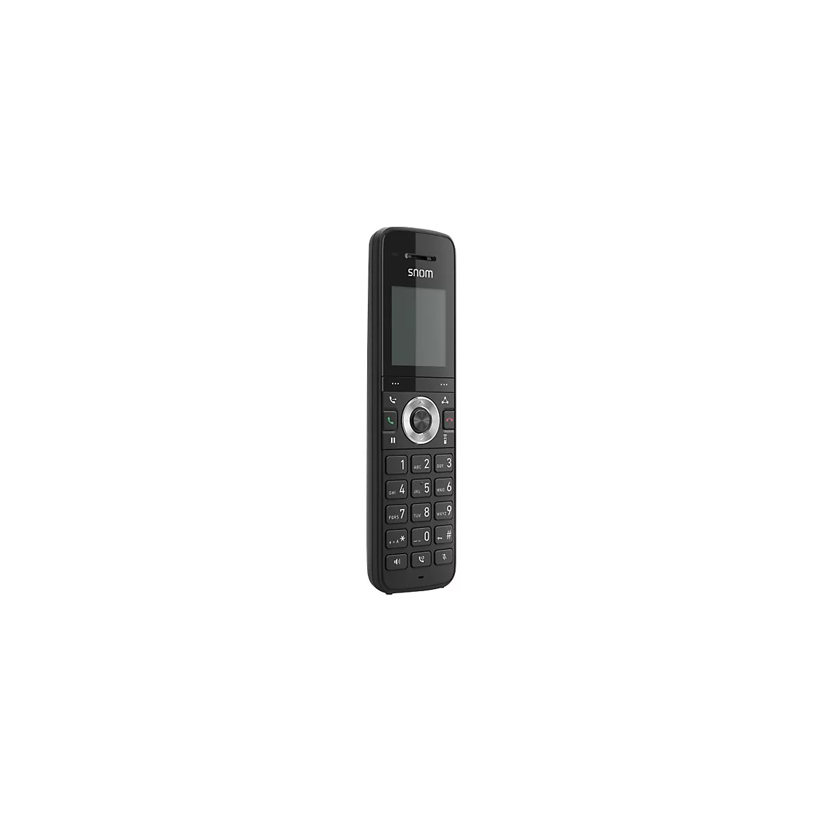 Schwarzgraues schnurloses Telefon mit Display und Tasten. Oben steht „snom“.