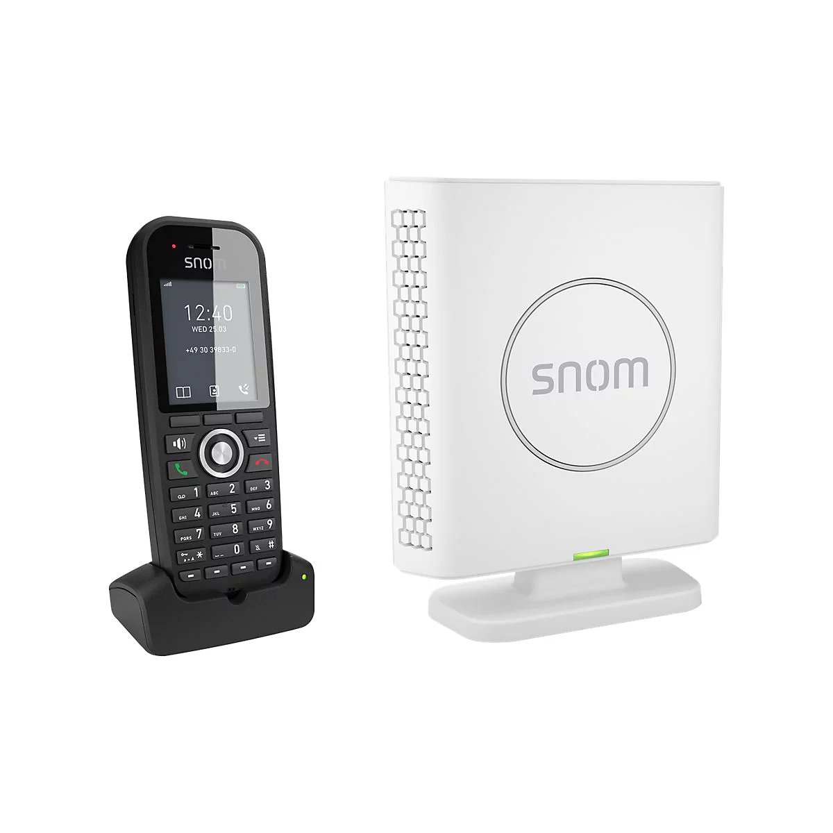 Ein schwarzes schnurloses Telefon mit Basisstation neben einem weißen Router. Auf dem Telefonbildschirm stehen Uhrzeit und Datum.