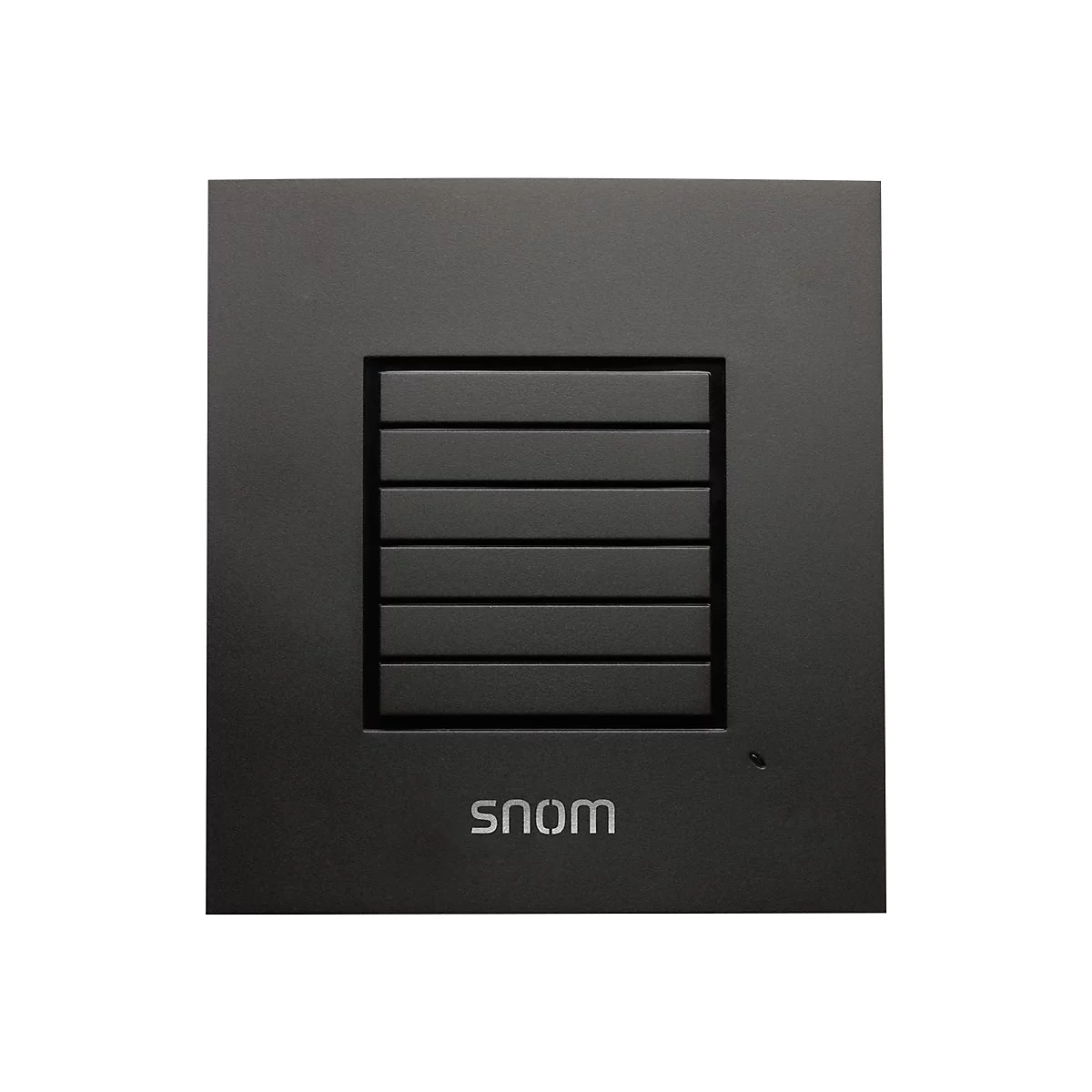 Schwarze Türsprechanlage mit horizontalen Lamellen und SNOM-Schriftzug.