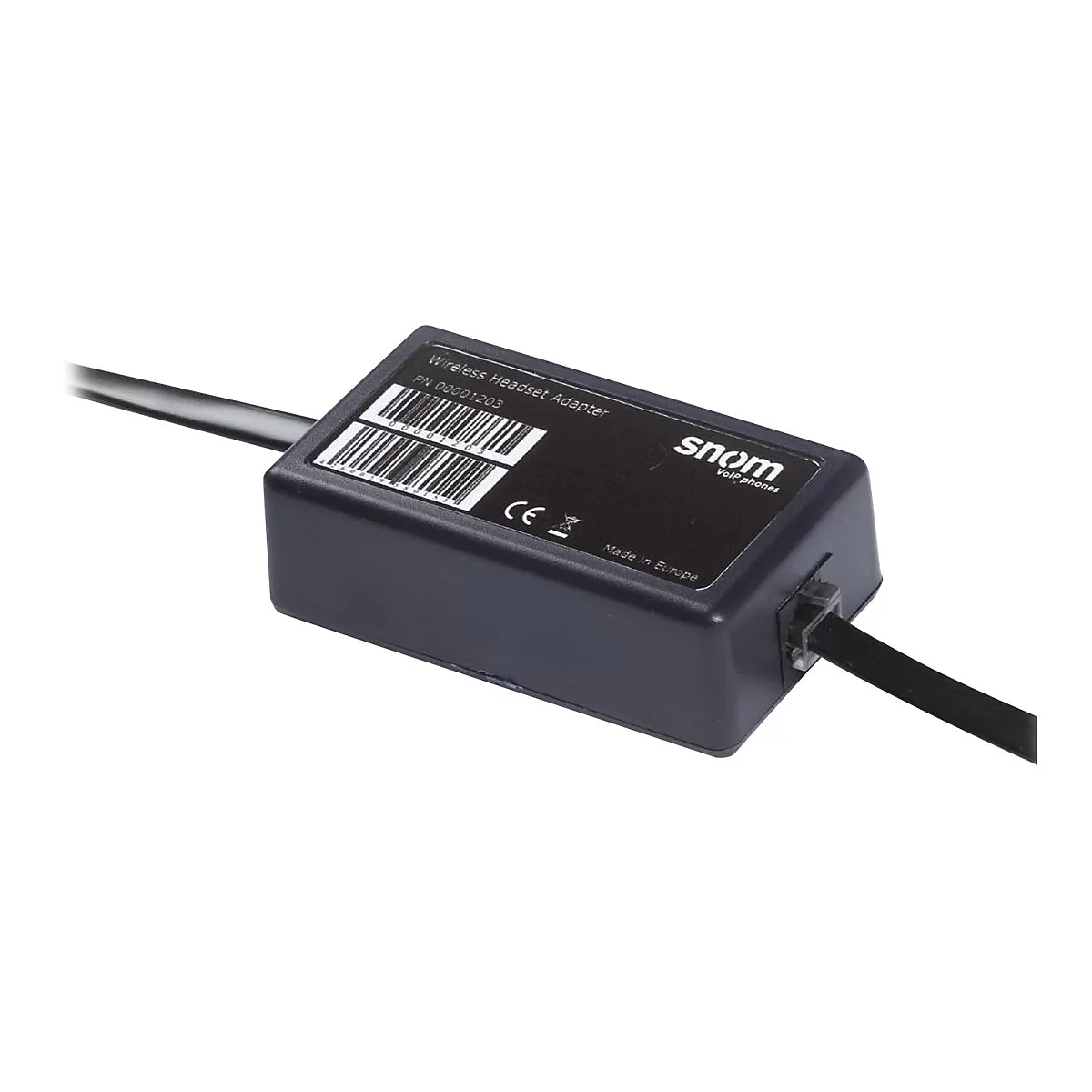 Schwarzer Wireless Headset Adapter. Aufschrift: 'snom', 'Made in Europe'. Zwei Kabel angeschlossen.