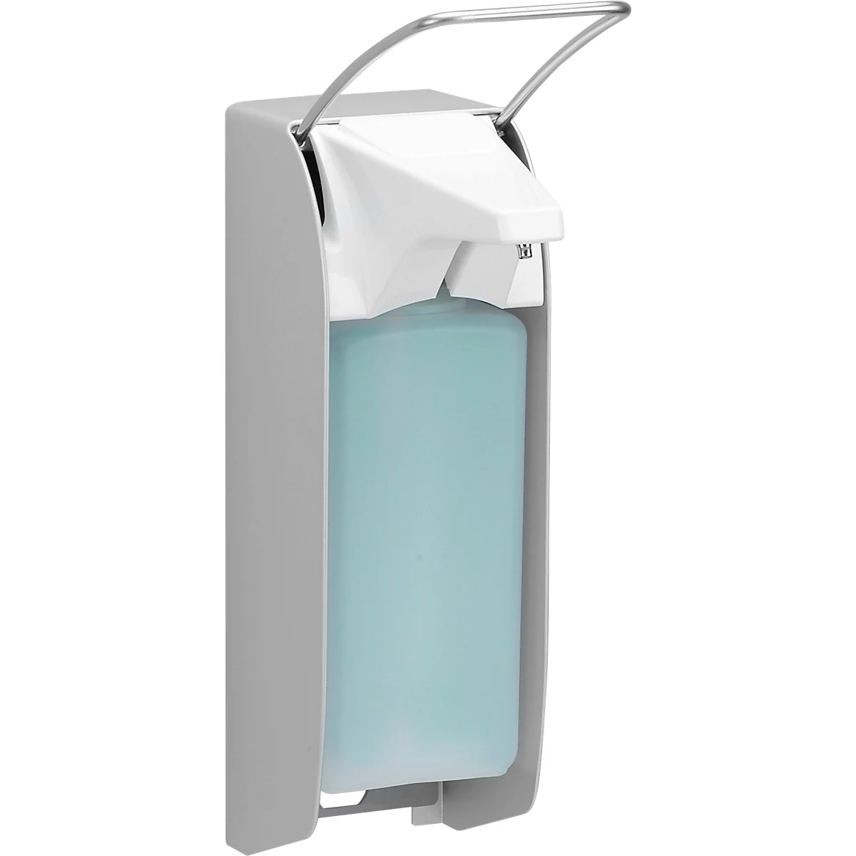 Gray wall soap dispenser with blue content. The soap can be dispensed via a lever on the top.