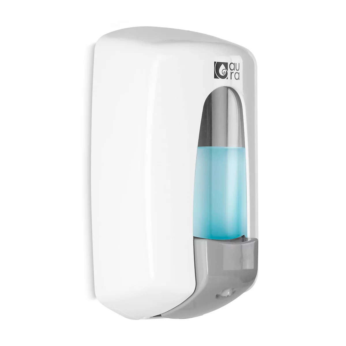 White wall-mounted soap dispenser with blue contents and gray trigger. Top logo 'au ra'.