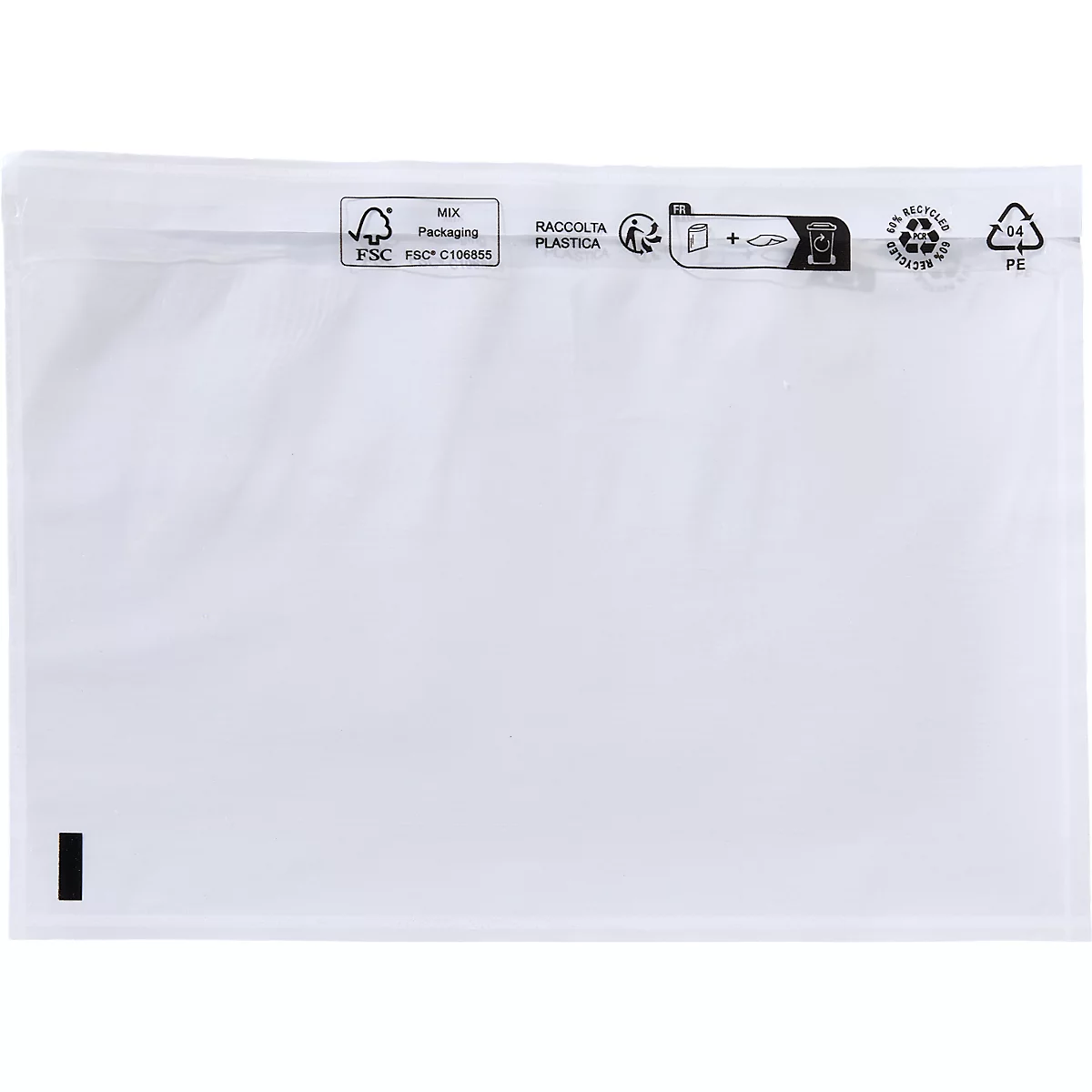 Bolsa de plástico transparente con símbolos FSC y de reciclaje impresos en el borde superior.
