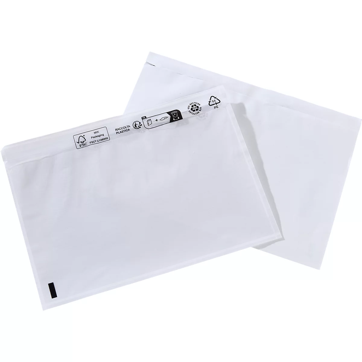 Dos sobres de envío de papel blanco con una impresión negra en el borde superior sobre un fondo neutro.