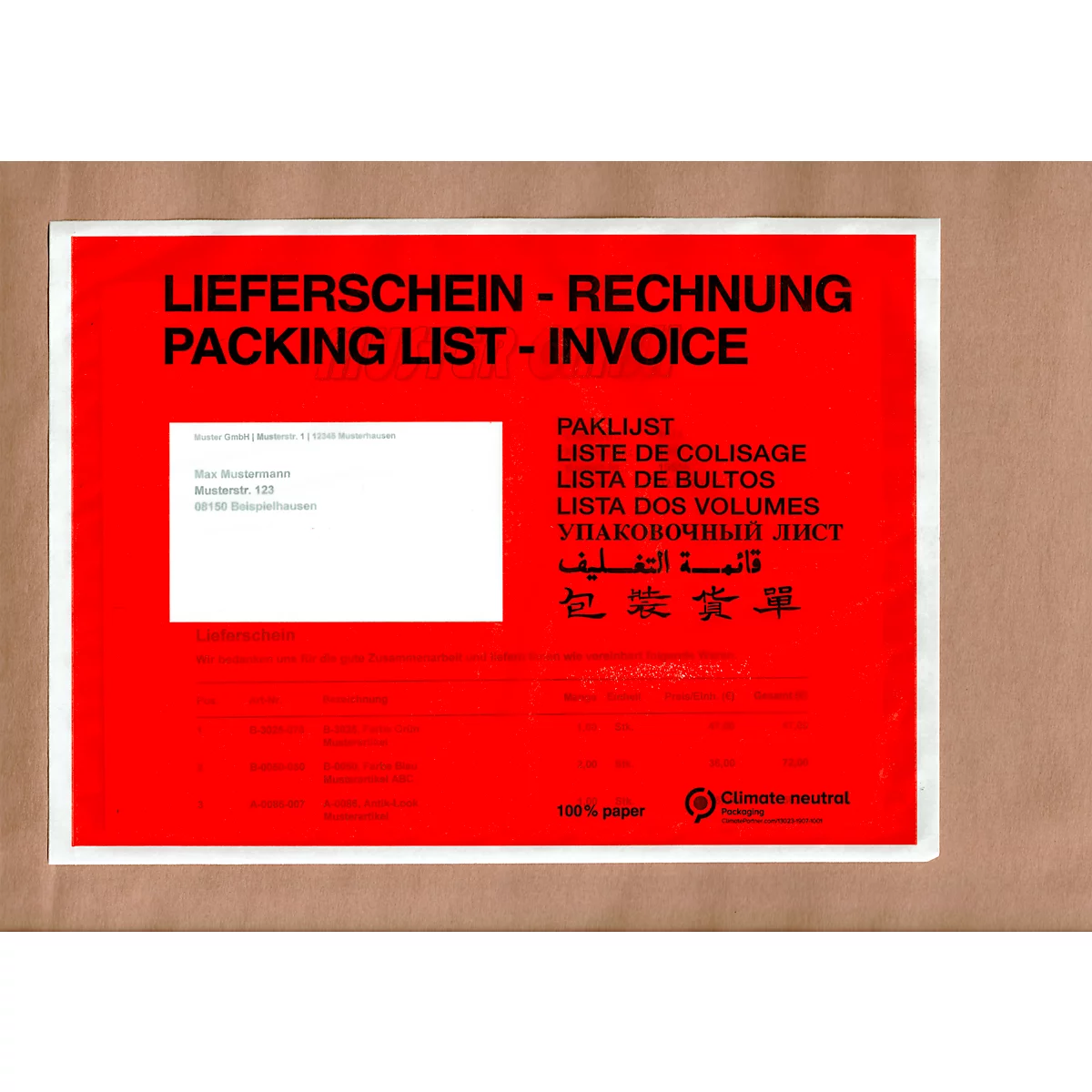 Documento rojo con una caja blanca y texto negro: Lieferschein, Rechnung, Packing List, Invoice y otros idiomas.