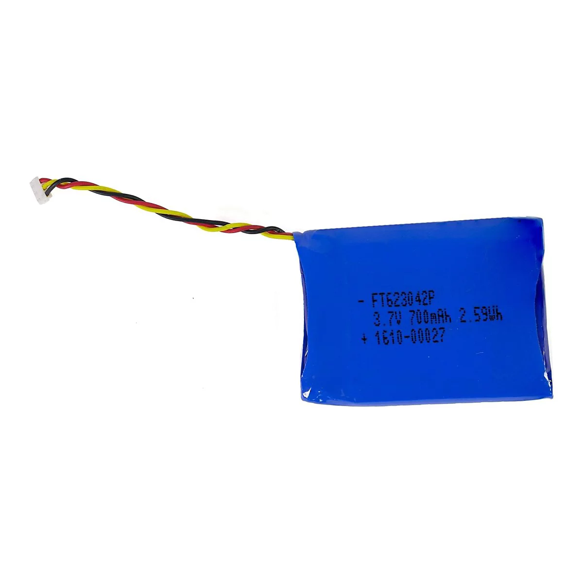 Blauer Akku mit Kabeln, beschriftet mit Produktinformationen.