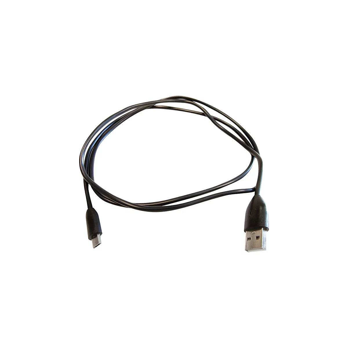 Ein schwarzes USB-Kabel, das zu einer Schlaufe gelegt wurde, vor weißem Hintergrund.