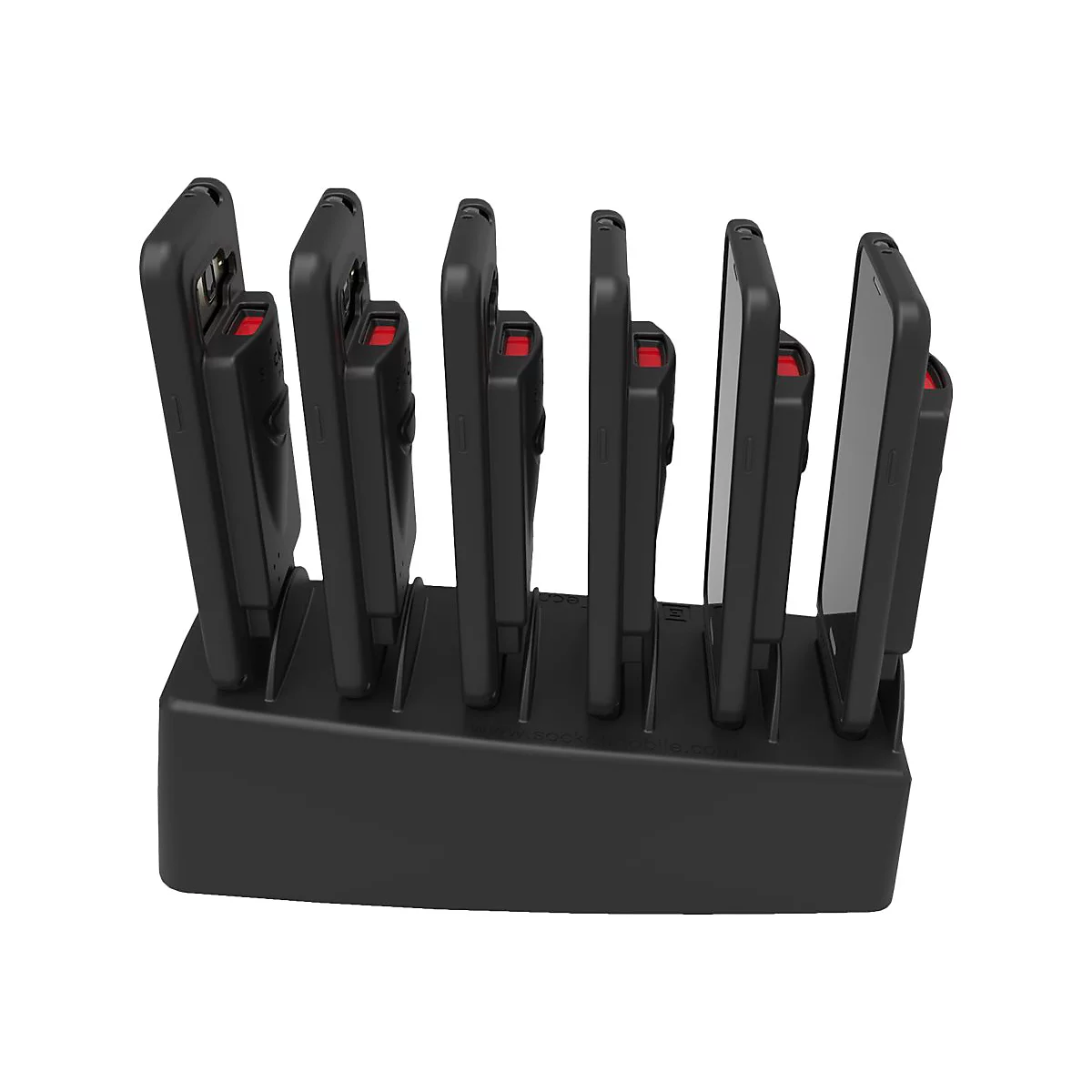 Schwarze Ladestation mit sechs Smartphones, die in vertikalen Schlitzen stehen. Die Smartphones sind schwarz mit einem roten Element.