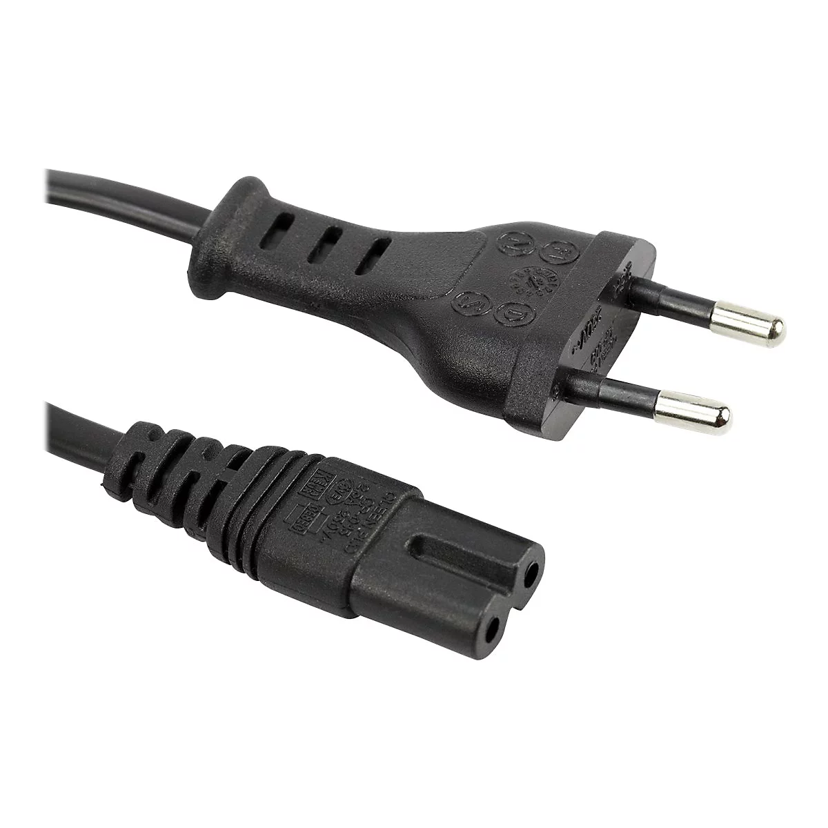 Schwarzes Netzkabel mit Stecker und Buchse, isoliert auf weißem Hintergrund.