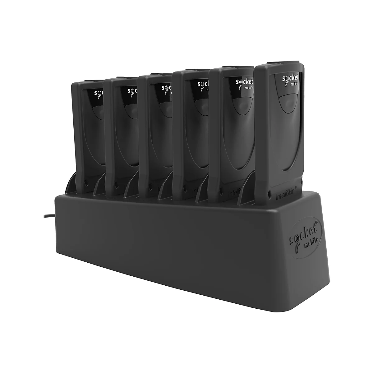 Schwarze Ladestation mit sechs Scannern. Auf jedem Scanner steht "Socket Mobile".