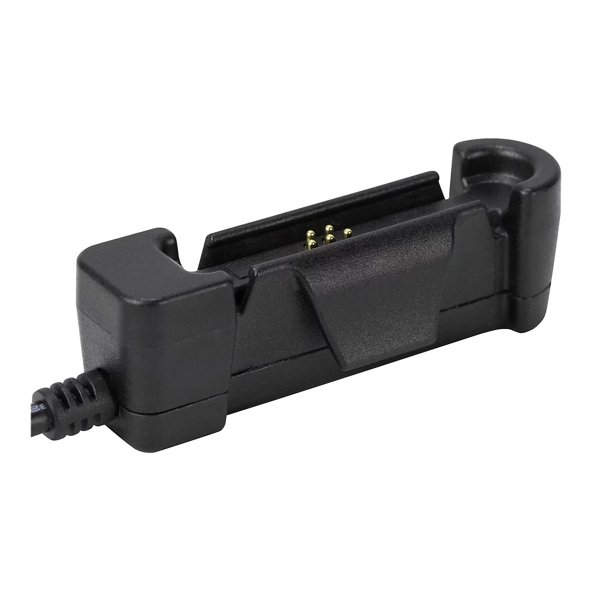 Ein schwarzes Ladegerät für ein mobiles Gerät, mit Kontakten und einem angeschlossenen Kabel.