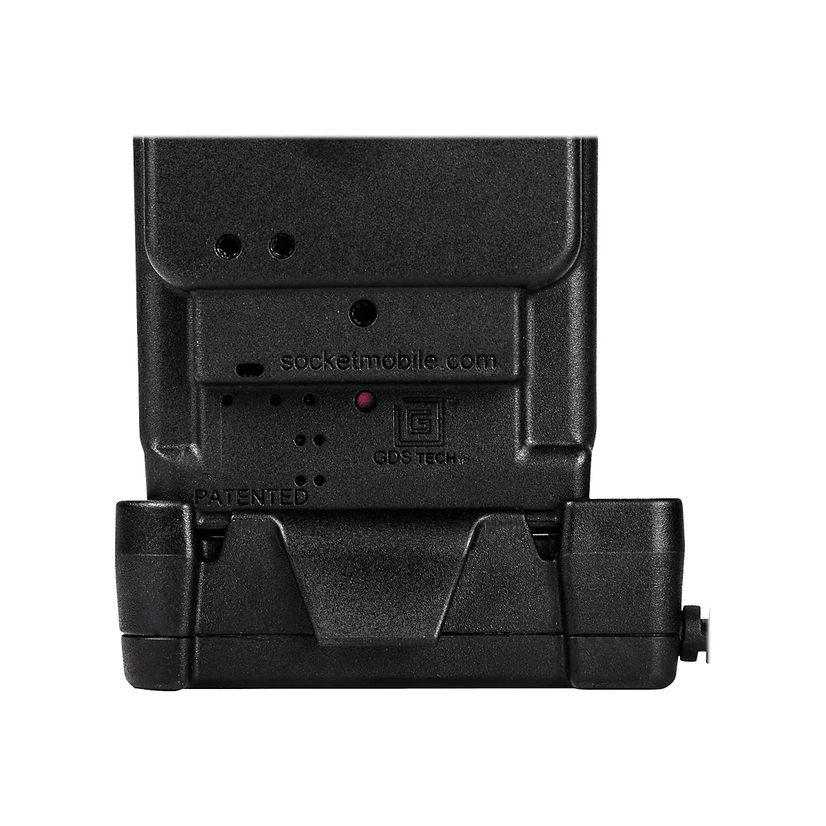 Detailaufnahme eines schwarzen Geräts mit der Aufschrift socketmobile.com, Patentiert, GDS Tech.