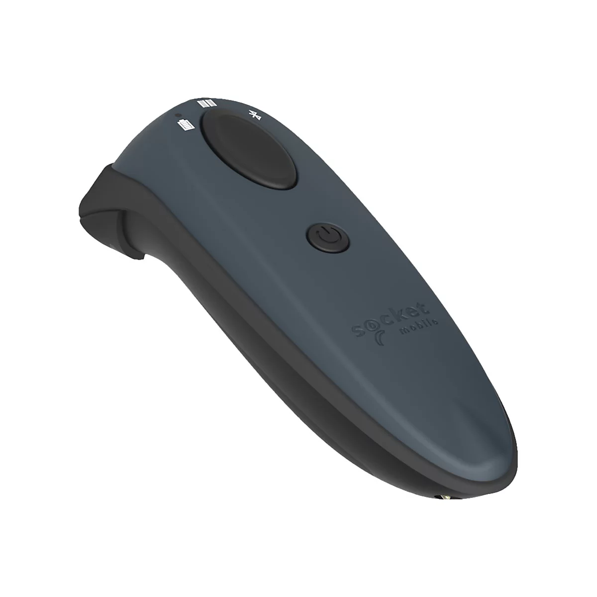 Dunkelgraues Handscanner-Gerät auf weißem Hintergrund. Mit Tasten und Socket Mobile Logo.