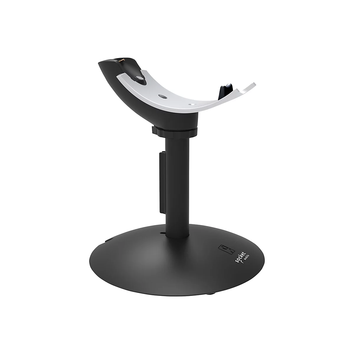 Schwarze, silberne Scanner-Halterung mit rundem Fuß und Sockel-Mobile-Logo.