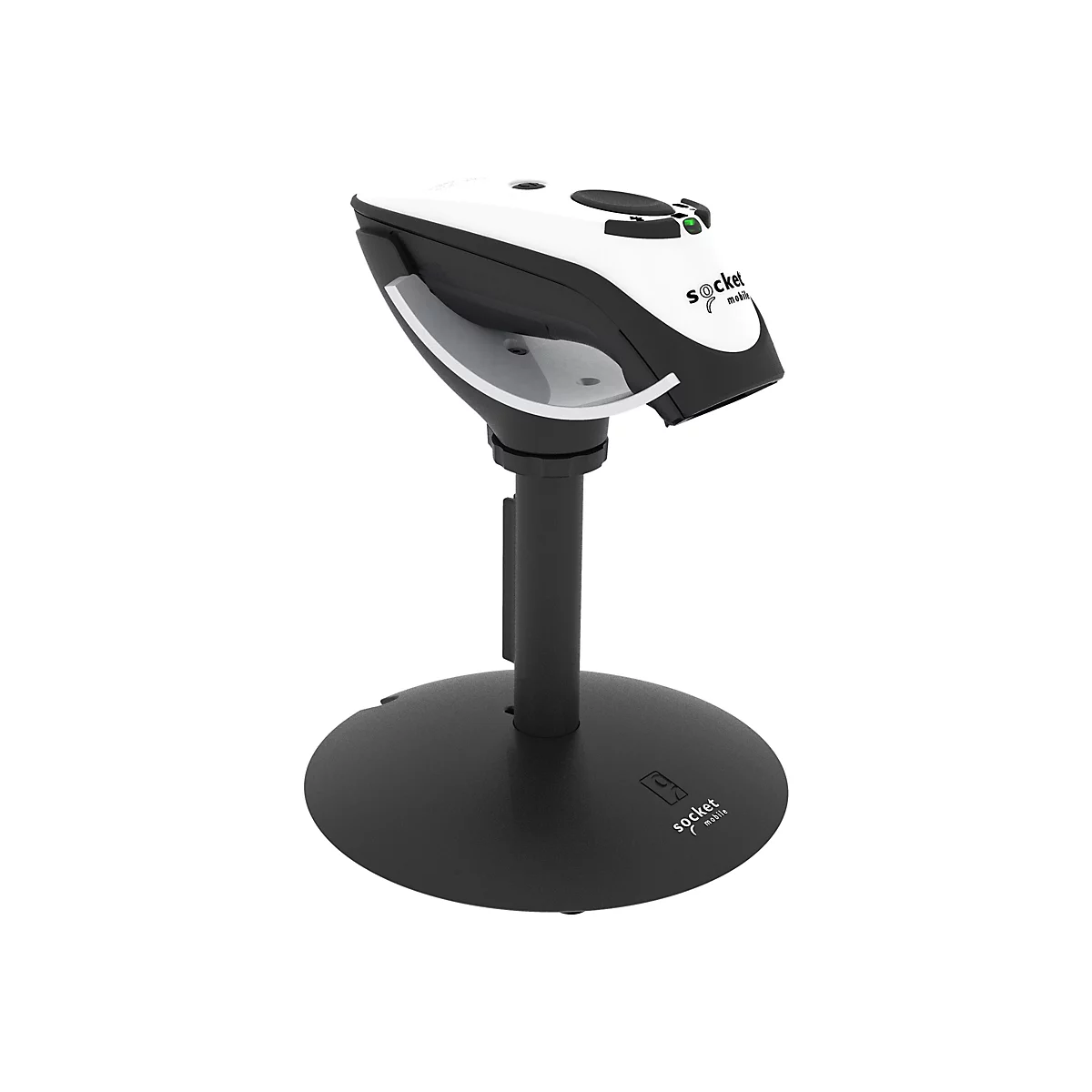 Ein Barcode-Scanner in Schwarz-Weiß auf einem Ständer. Der Scanner hat ein grünes Licht und das Logo 'socket mobile'.