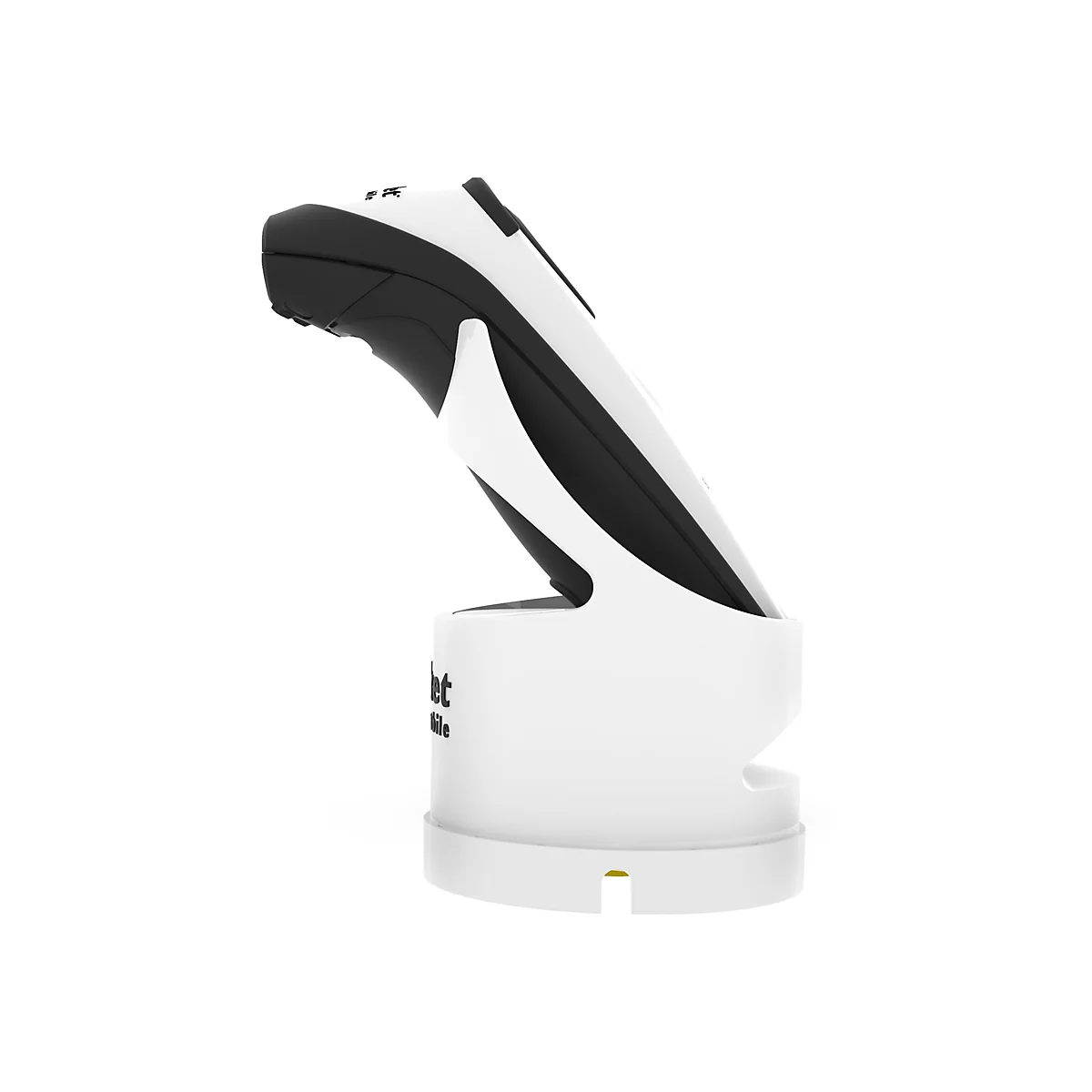 Ein weißes Mobiltelefon in einer weißen Halterung. Das Telefon hat schwarze Details. Auf der Halterung steht "et mobile".