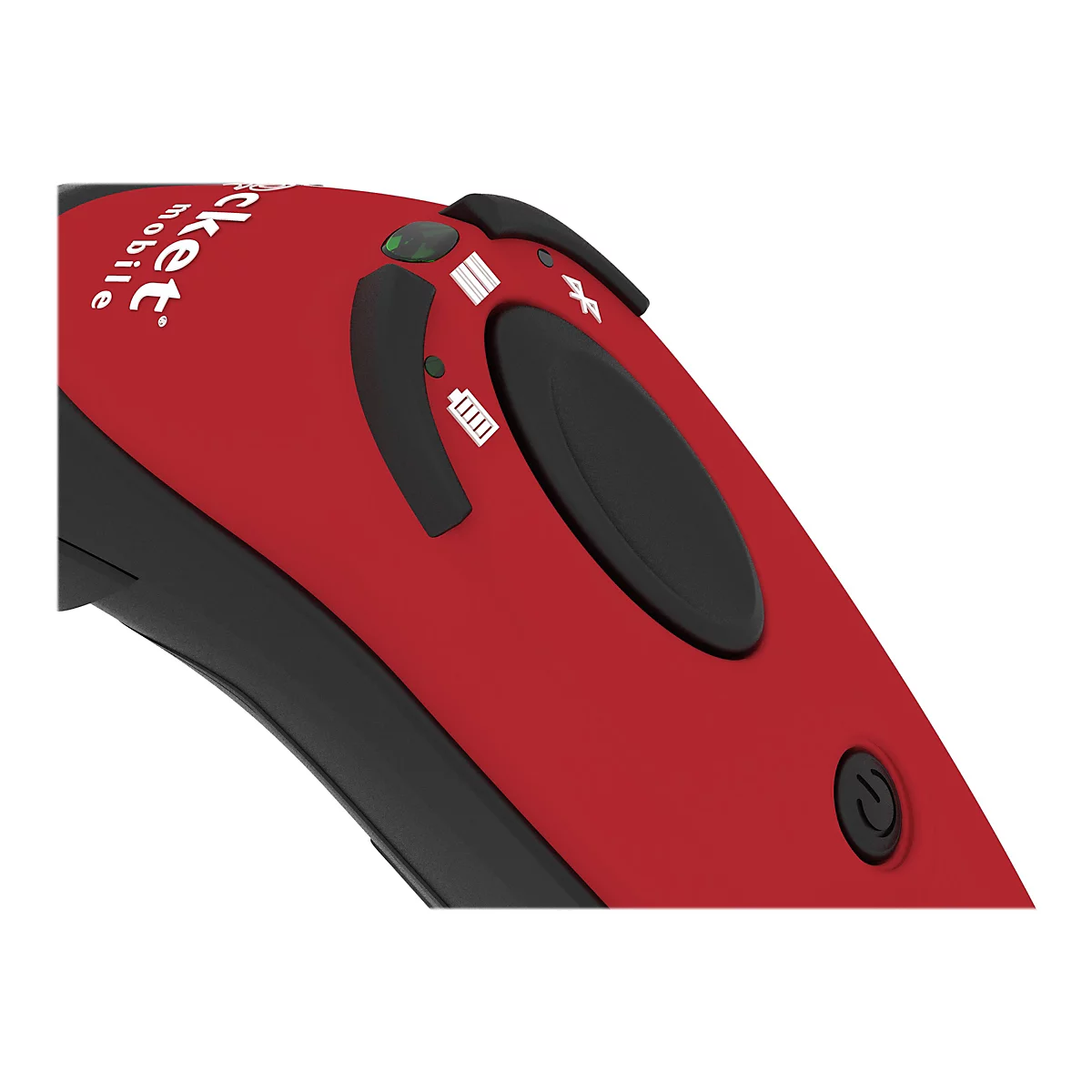 Nahaufnahme eines roten Geräts mit schwarzen Bedienelementen und Symbolen, darunter ein Akkusymbol und ein Bluetooth-Symbol.
