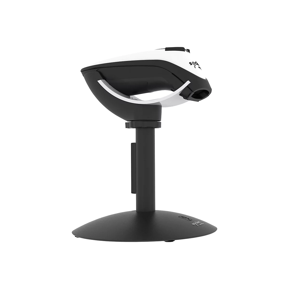 Ein Barcodescanner in Schwarz-Weiß, montiert auf einem Standfuß. Auf dem Gerät ist der Schriftzug "socket" zu sehen.