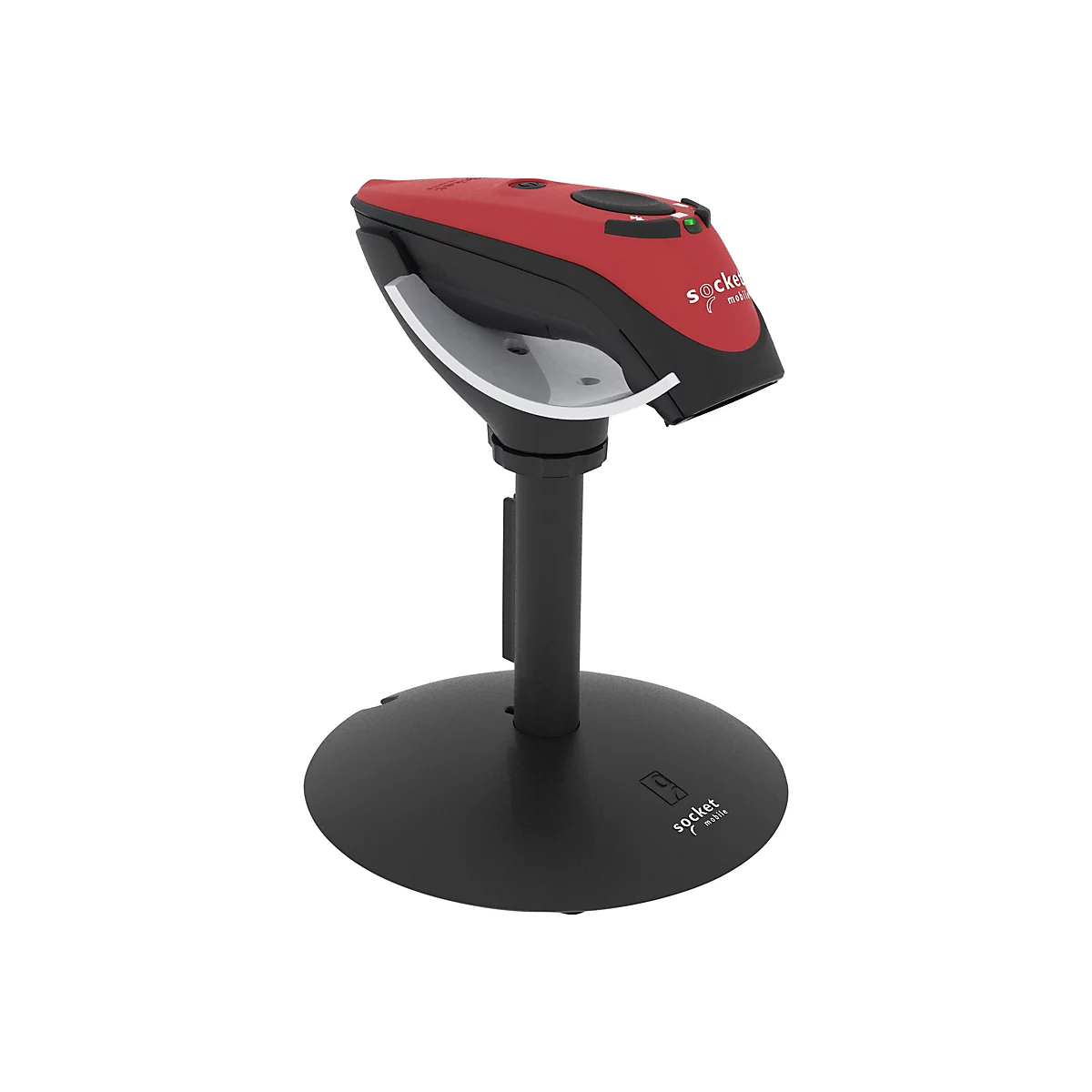Ein Barcode-Scanner in Rot und Schwarz mit Sockel. Der Scanner hat einen gebogenen Griff und die Aufschrift "socket mobile".