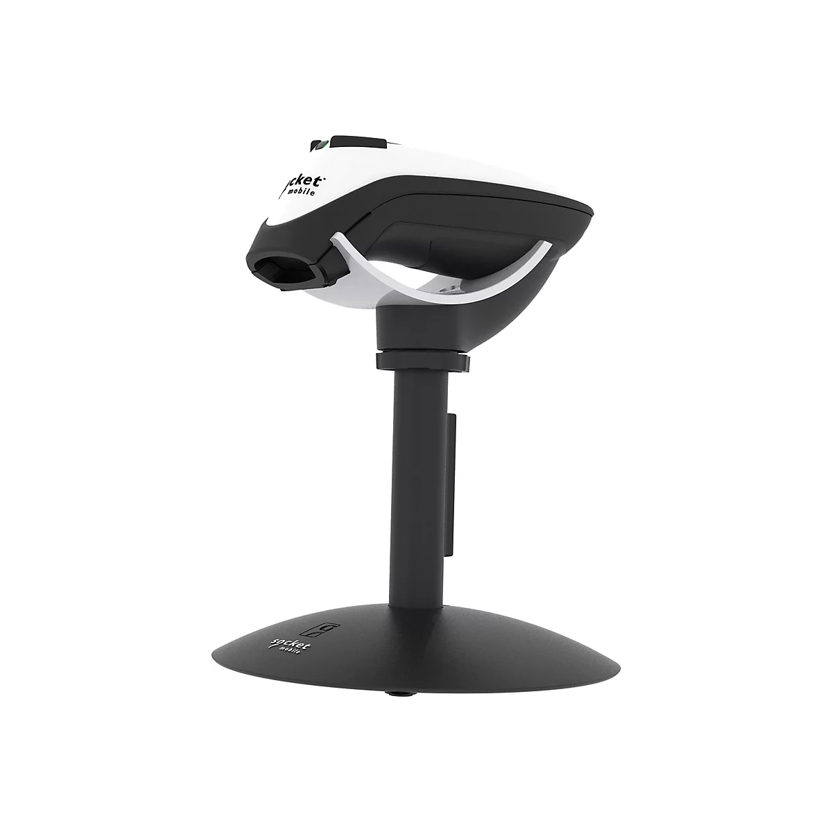 Ein Barcode-Scanner in Schwarz-Weiß, montiert auf einem Standfuß.