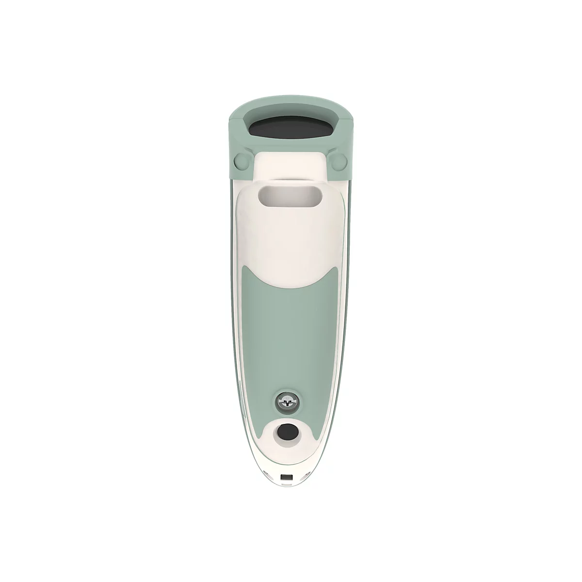 Ein längliches, hellgrünes Gerät auf weißem Grund. Oben ein Griffbereich, unten Knöpfe und eine Öffnung. Vertikale, futuristische Form.