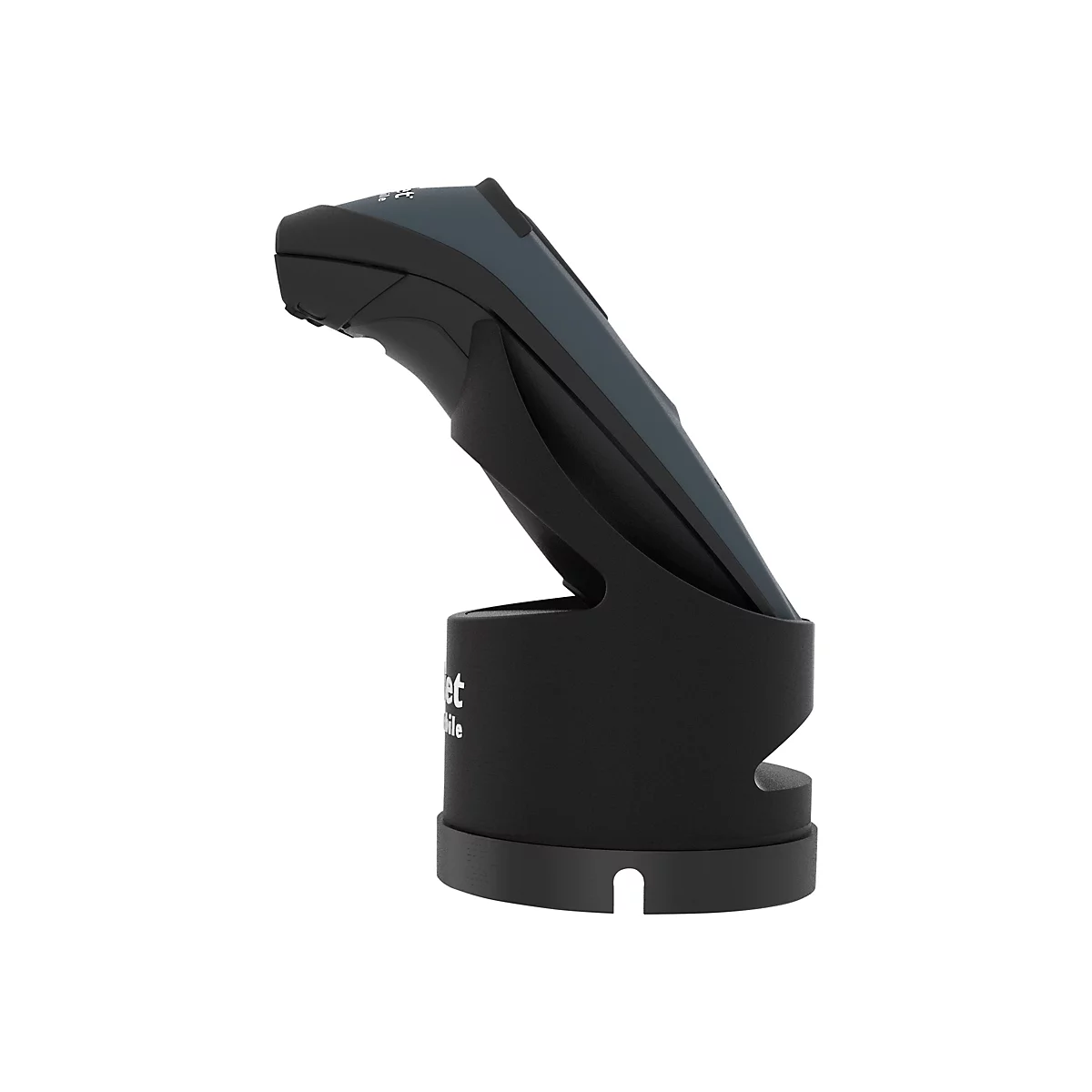 Draufsicht auf ein schwarzes Gerät in einer Halterung. Das Gerät und die Halterung sind auf weißem Hintergrund platziert.