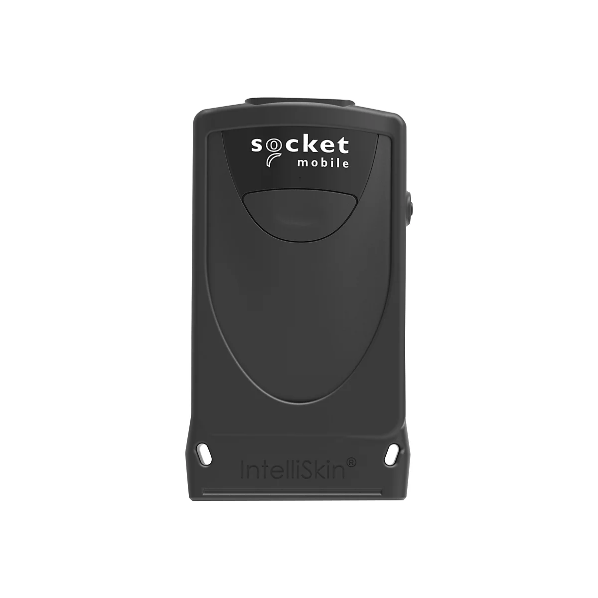 Schwarzes rechteckiges Gerät mit abgerundeten Ecken. Oben steht weiß "socket mobile". Unten steht "IntelliSkin".