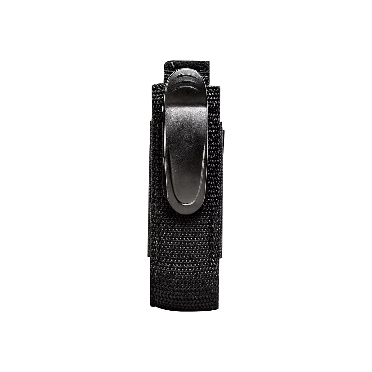 Schwarze Gürteltasche mit Metallclip, Detailaufnahme.