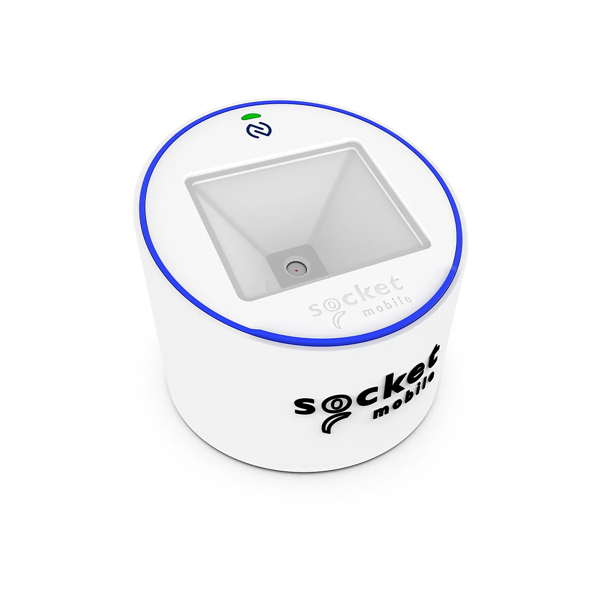 Ein weißer, zylindrischer Barcode-Scanner mit blauem Ring. Oben befindet sich ein quadratischer Ausschnitt mit einem roten Punkt. Das Logo "socket mobile" ist aufgedruckt.