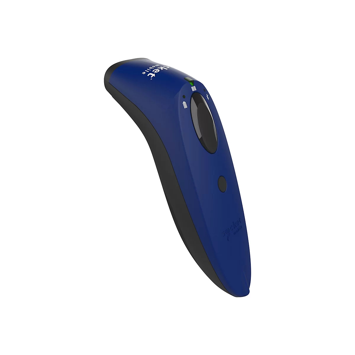 Ein blauer Barcode-Scanner vor weißem Hintergrund. Der Scanner hat eine schwarze Kontur und das Logo 'socket mobile'.