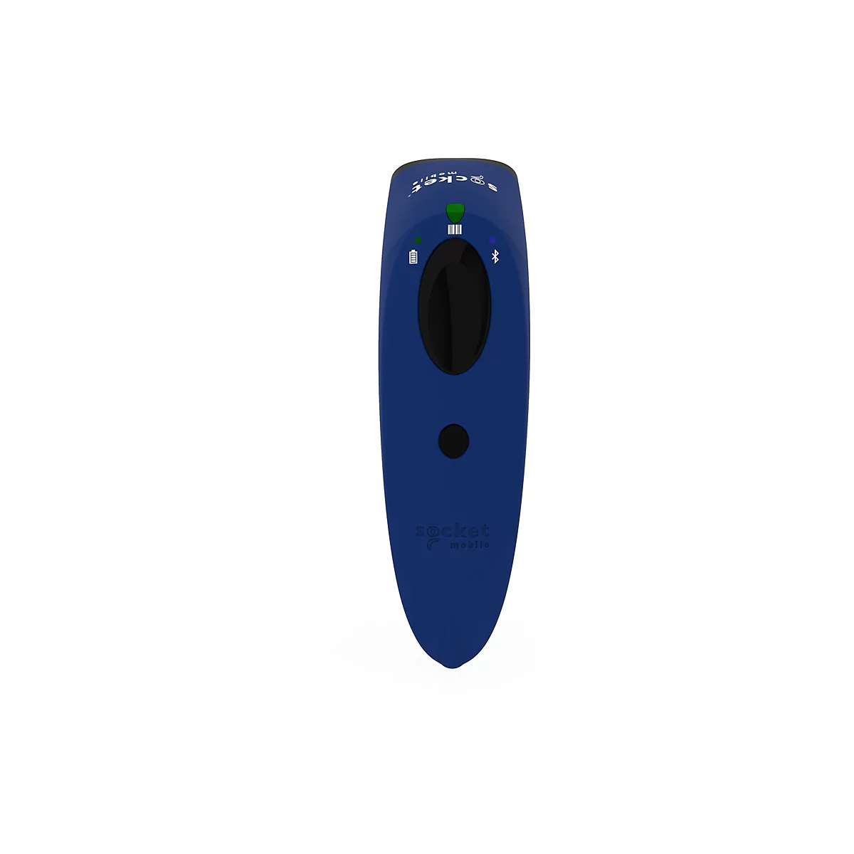 Blaues Socket Mobile Barcode-Lesegerät vor weißem Hintergrund. Oben, das Logo und verschiedene Leuchten. Unten das Socket-Logo.