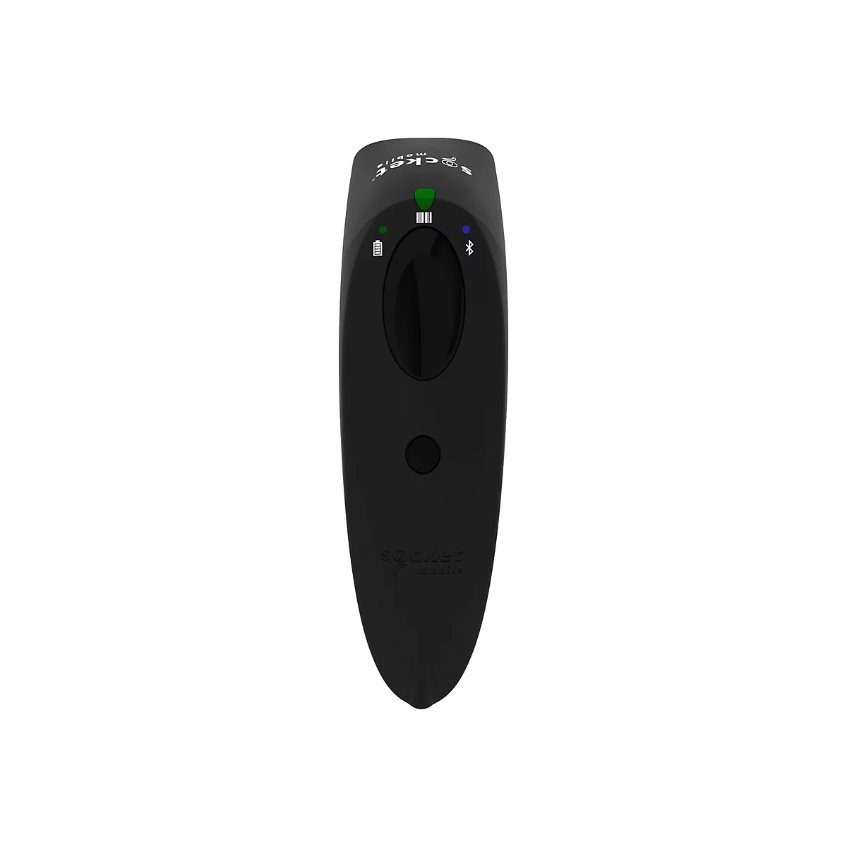 Schwarzer Barcode-Scanner vor weißem Hintergrund. Oben befinden sich grüne und blaue LEDs. Ein ovales Bedienfeld und eine runde Taste sind sichtbar.