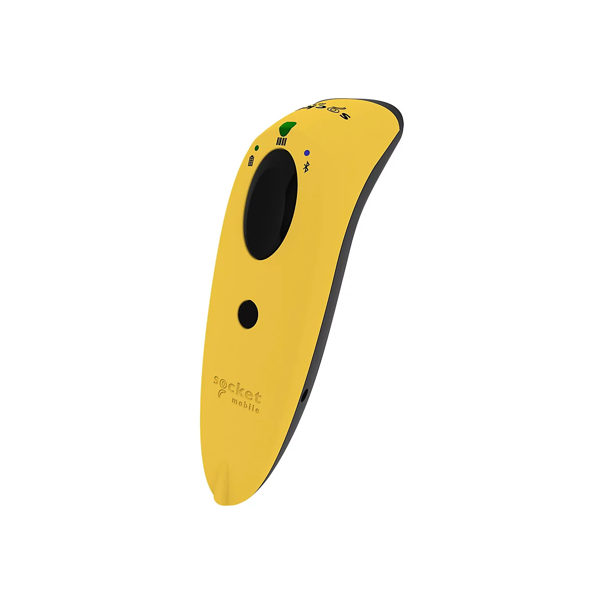 Gelb-schwarzer Barcode-Scanner. Oben grüne und blaue LEDs. Schwarzes Oval, darunter schwarzer Knopf. Logo: Socket Mobile.