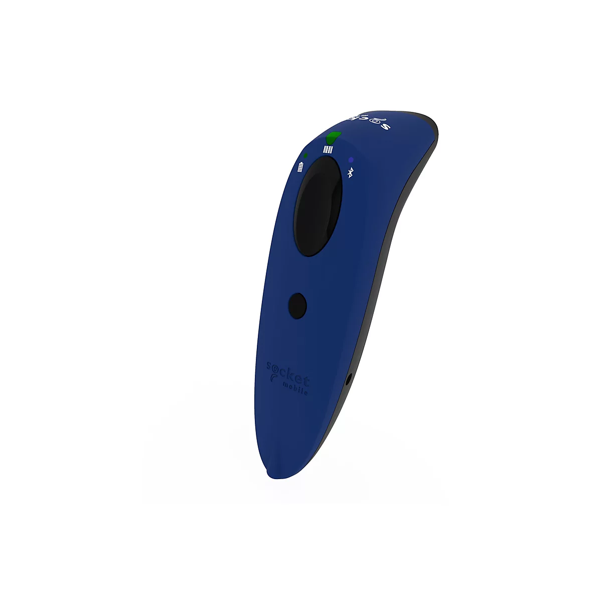 Blauer, ergonomisch geformter Barcode-Scanner. Oben Anzeigen für Akku und Bluetooth. Firmenlogo auf der Vorderseite.