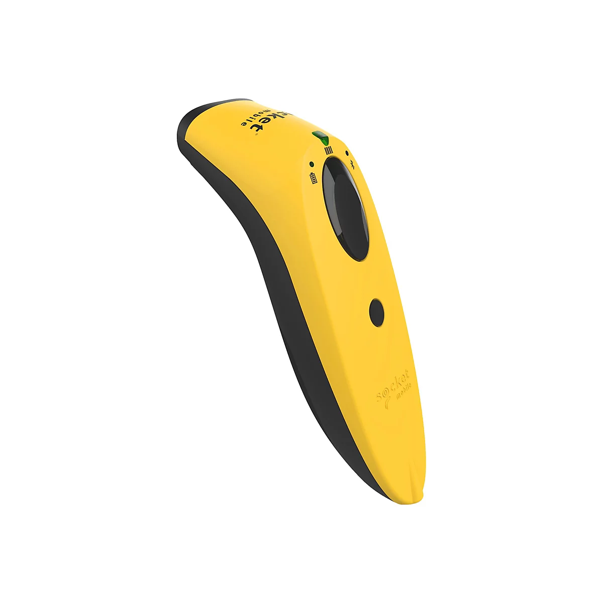 Gelb-schwarzer Barcode-Scanner. Oben "socket mobile" Schriftzug, Knöpfe, Ladeanzeige.