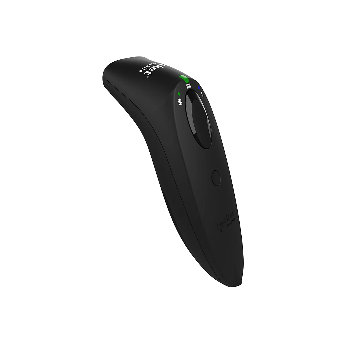 Schwarzer Barcode-Scanner. Oben grüne und blaue LEDs. Der Scanner ist leicht schräg abgebildet.