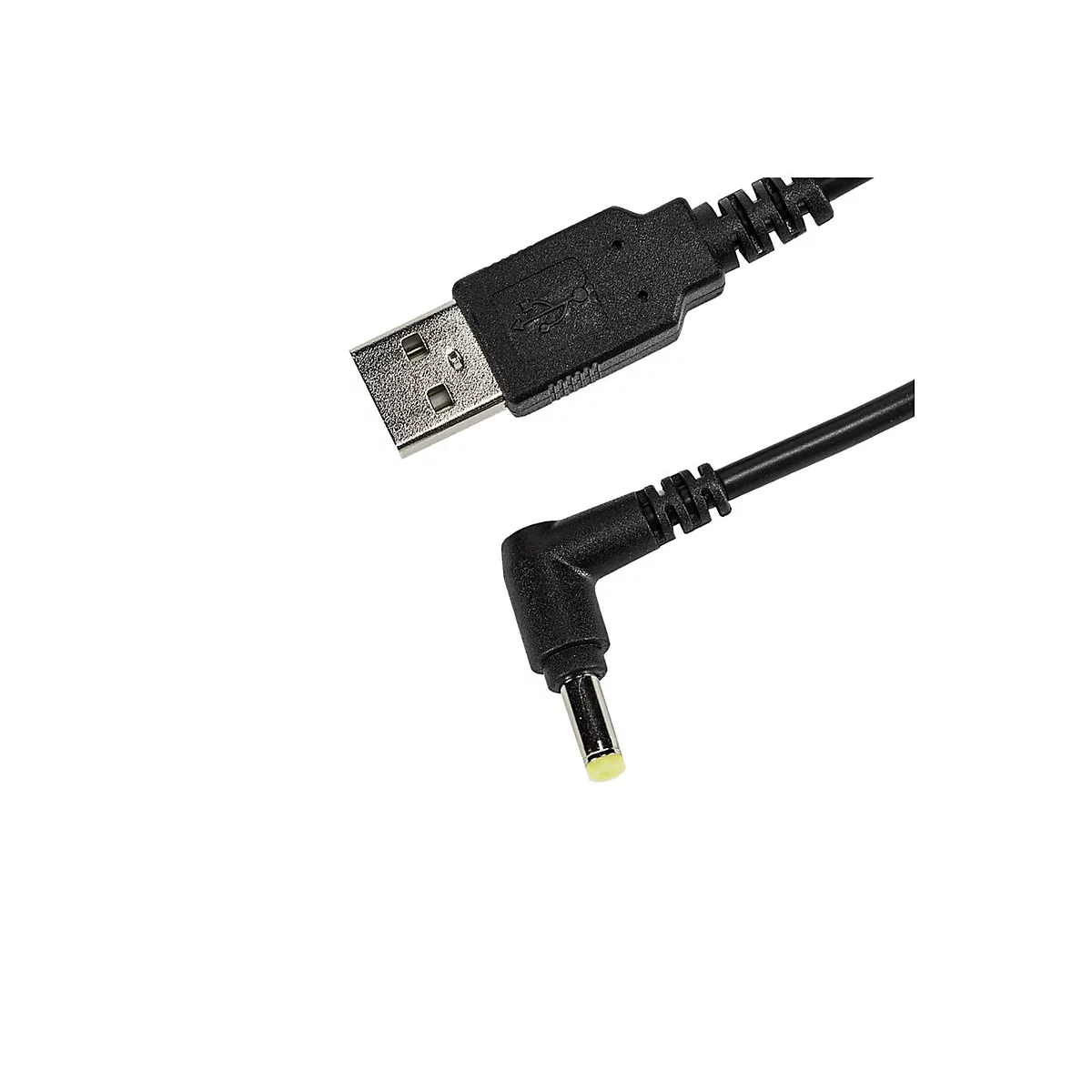 Schwarzes USB-Kabel mit Stecker. Kabel und Stecker sind auf weißem Hintergrund abgebildet.