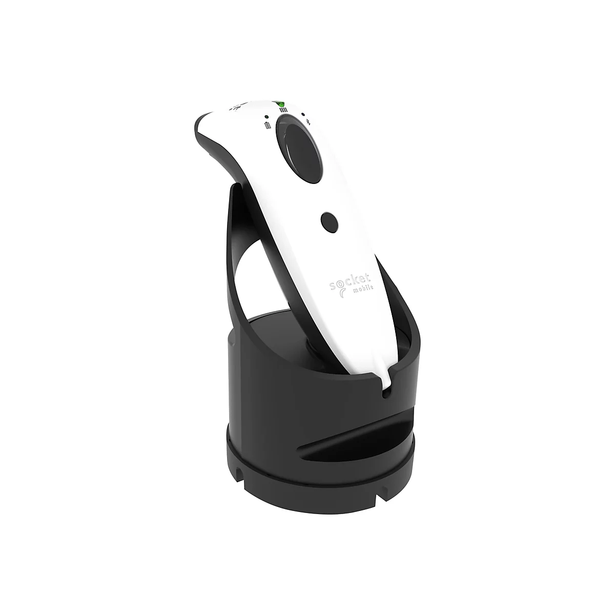 Ein weiß-schwarzes Barcode-Lesegerät steht in einer schwarzen Ladestation. Oben befinden sich grüne Indikatoren. Der Schriftzug 'socket mobile' ist zu sehen.