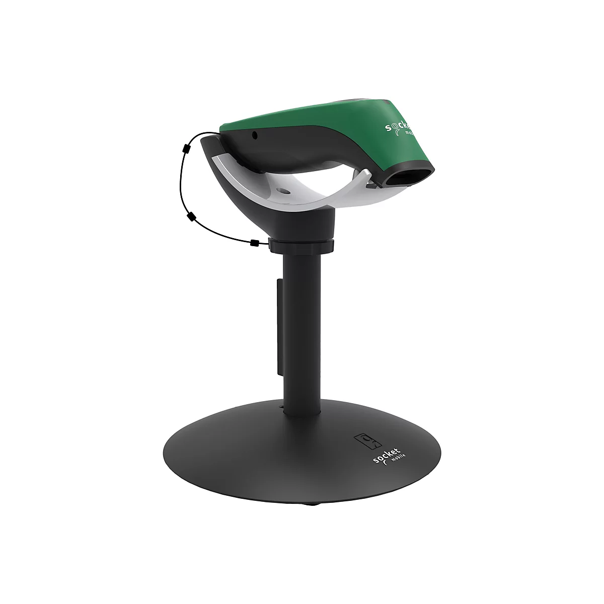 Ein Barcode-Scanner in Grün und Schwarz, befestigt auf einem schwarzen Ständer.