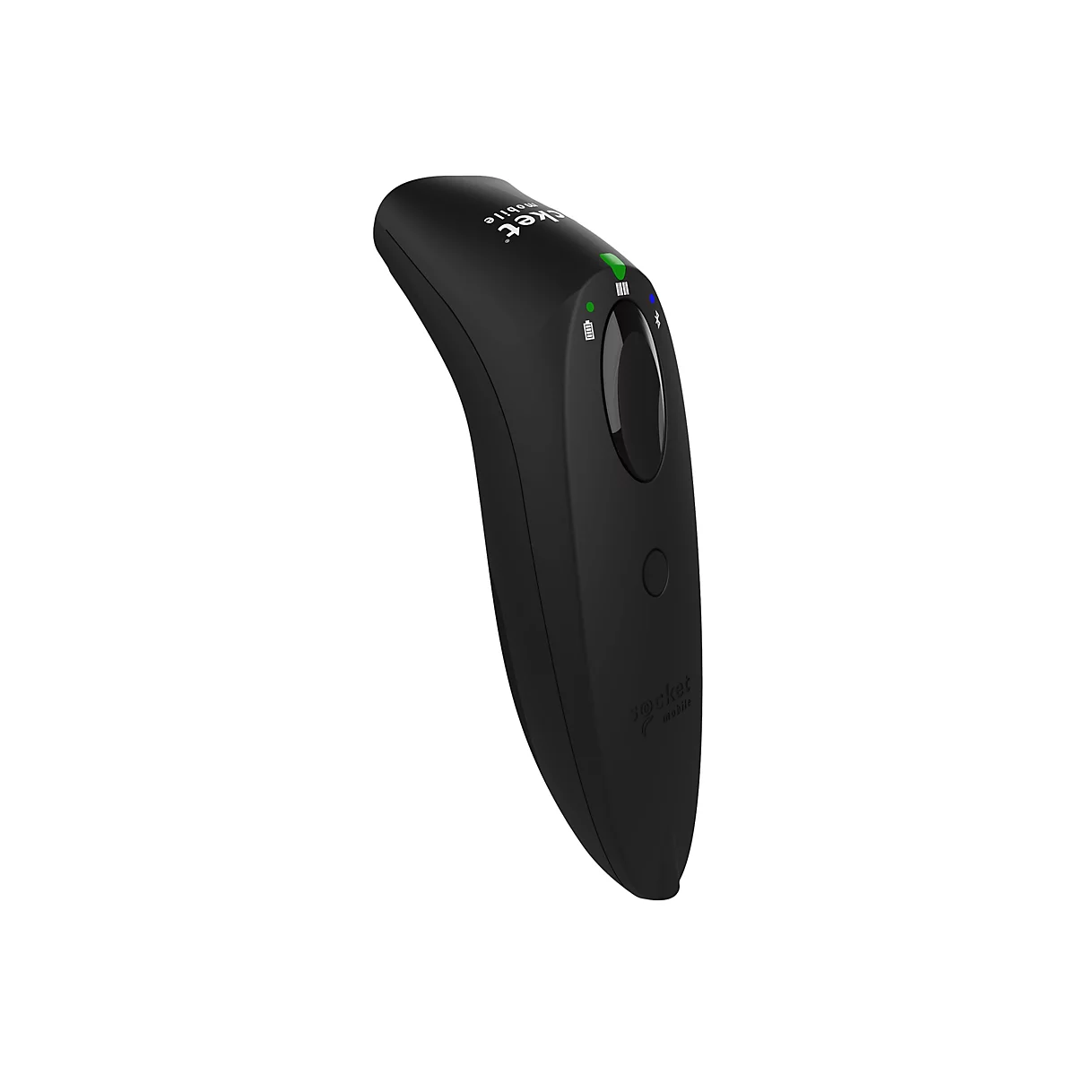 Schwarzer Barcode-Scanner. Oben grüne LED, darunter Scan-LED und Bluetooth-Symbol. Kleines rundes Bedienfeld und eine einzelne Taste.