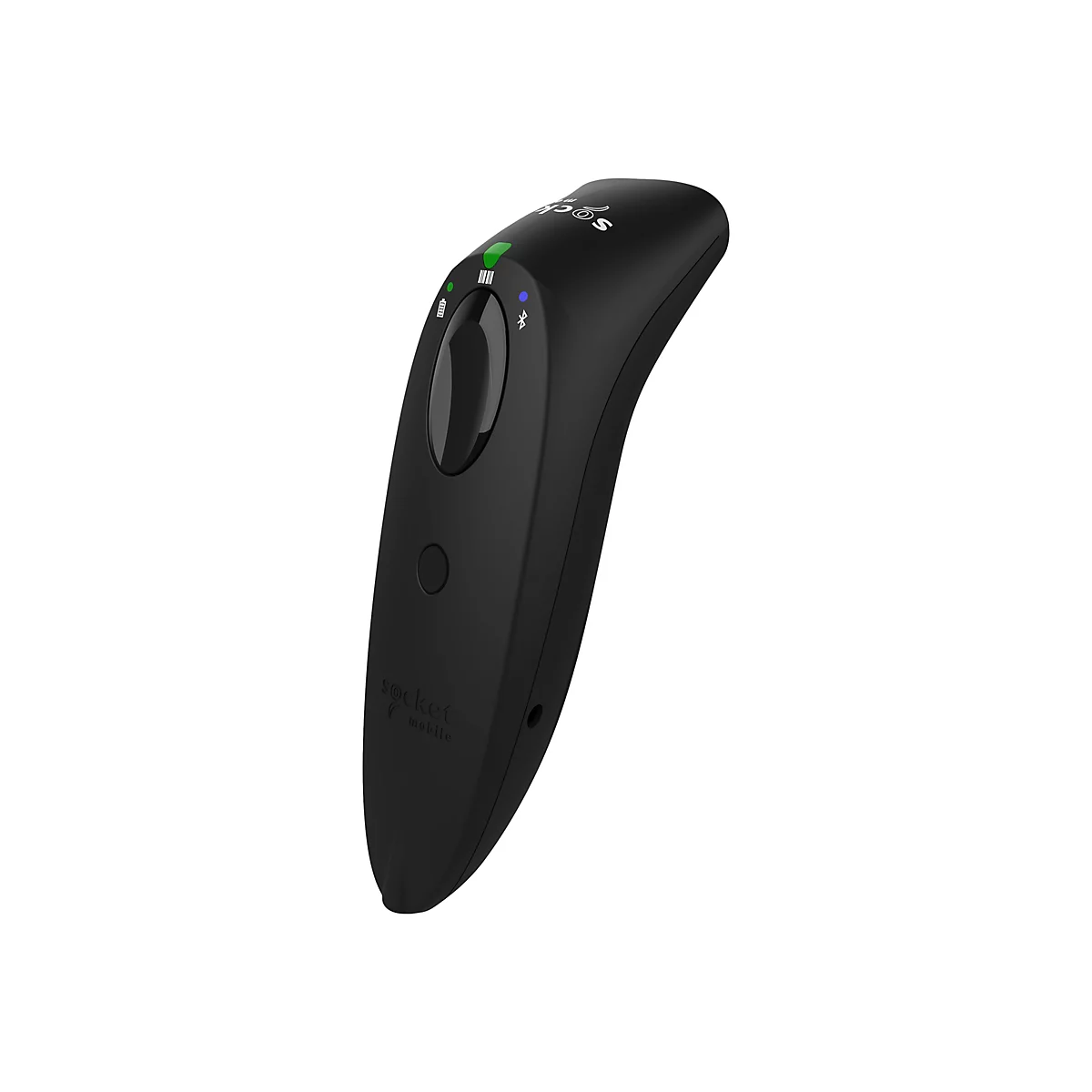 Ein schwarzes Socket Mobile Barcodescanner-Gerät vor weißem Hintergrund. Oben sind grüne und blaue LEDs zu sehen.