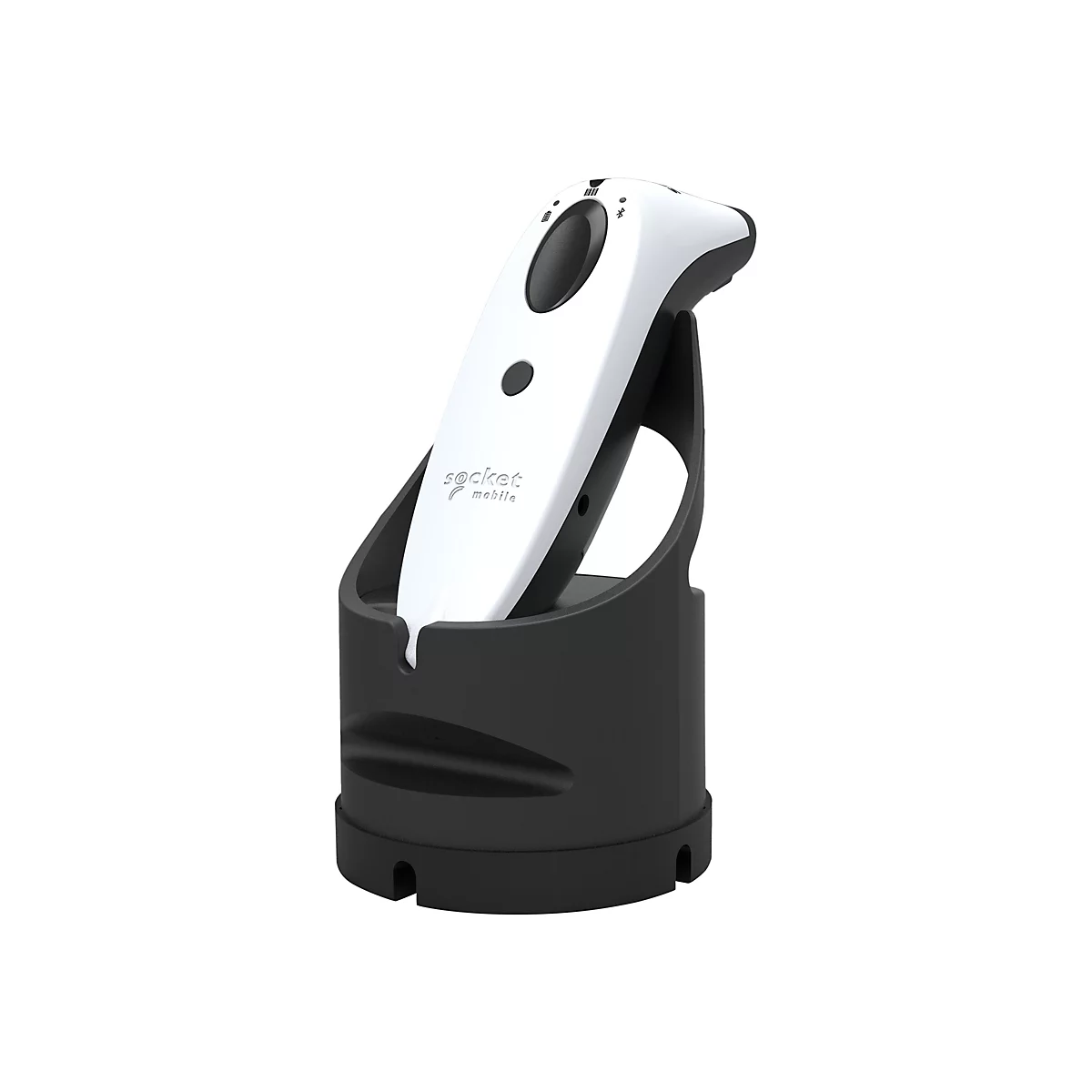 Ein weiß-schwarzes Barcode-Lesegerät in einer schwarzen Ladestation. Das Lesegerät trägt den Schriftzug "socket mobile".