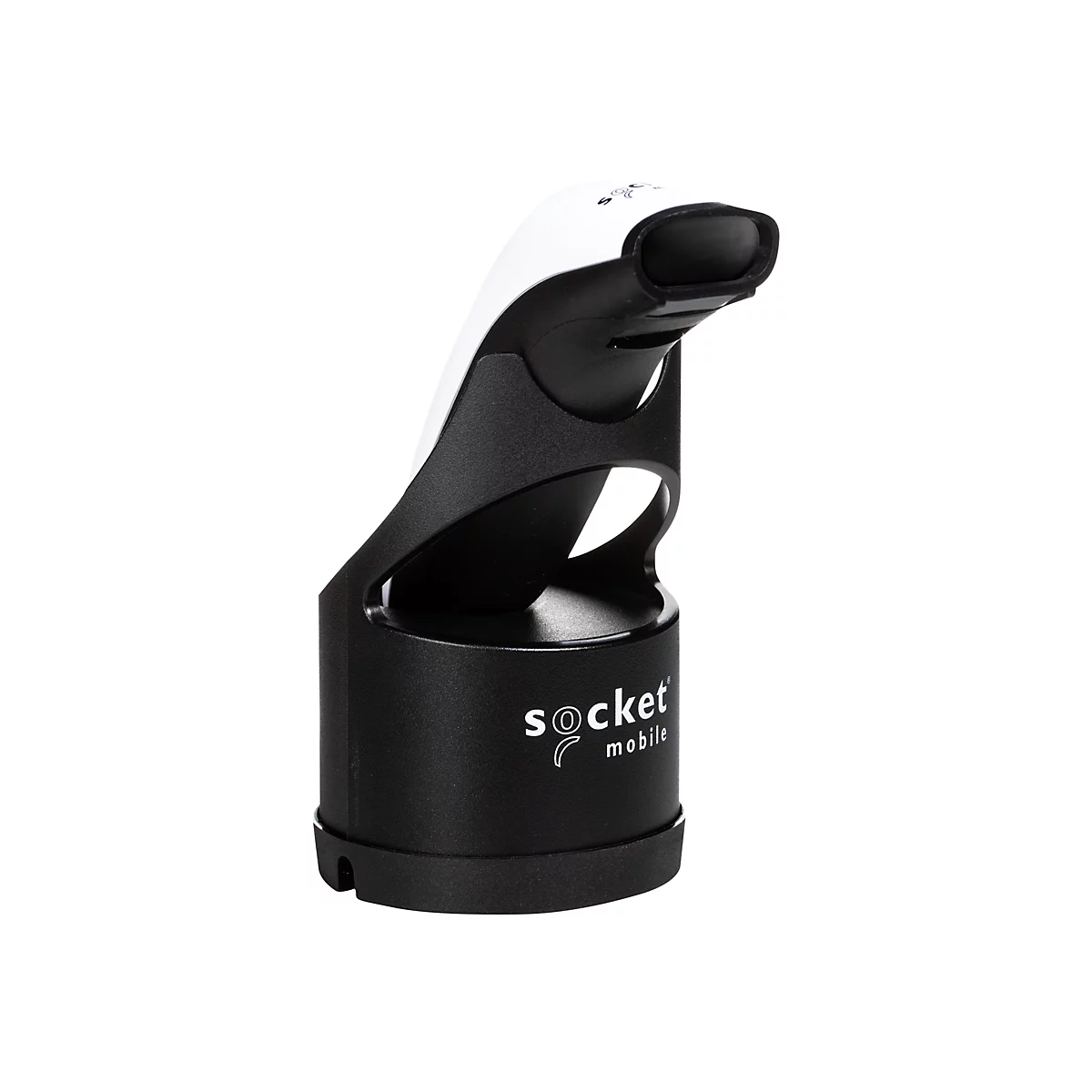 Ein Barcode-Scanner in Schwarz und Weiß vor weißem Hintergrund. Der Scanner ist leicht angewinkelt, mit dem Schriftzug "socket mobile" auf der Seite.