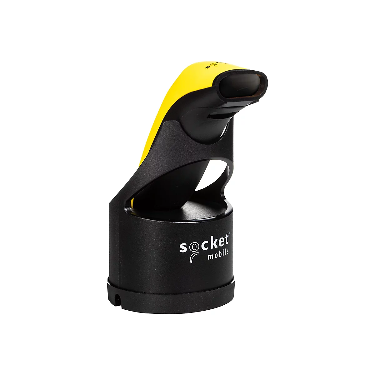 Ein schwarzer Barcodescanner mit gelbem Akzent. Das Gerät zeigt den Schriftzug "socket mobile".