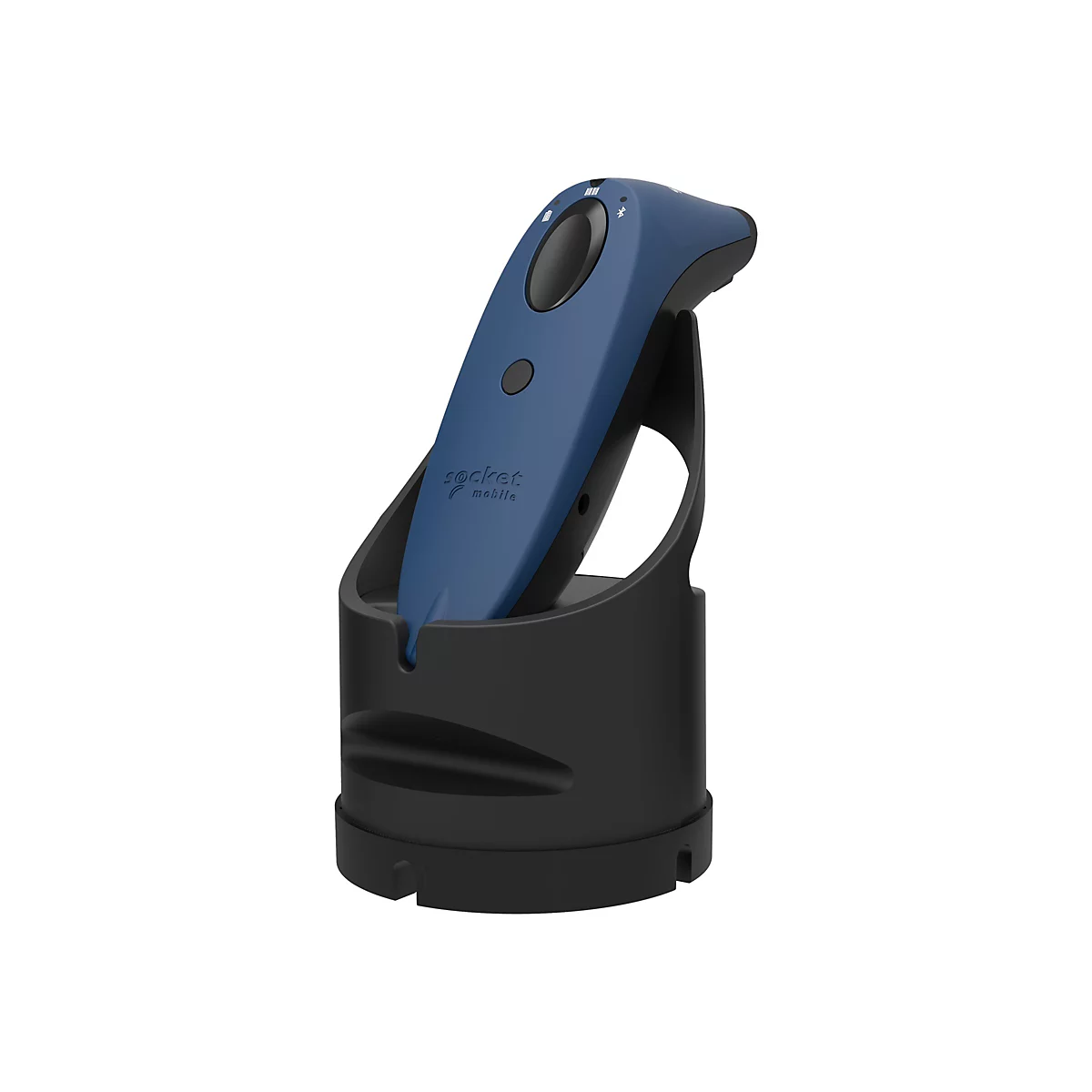 Blauer Barcodescanner in einer schwarzen Ladestation. Das Logo 'socket mobile' ist sichtbar.