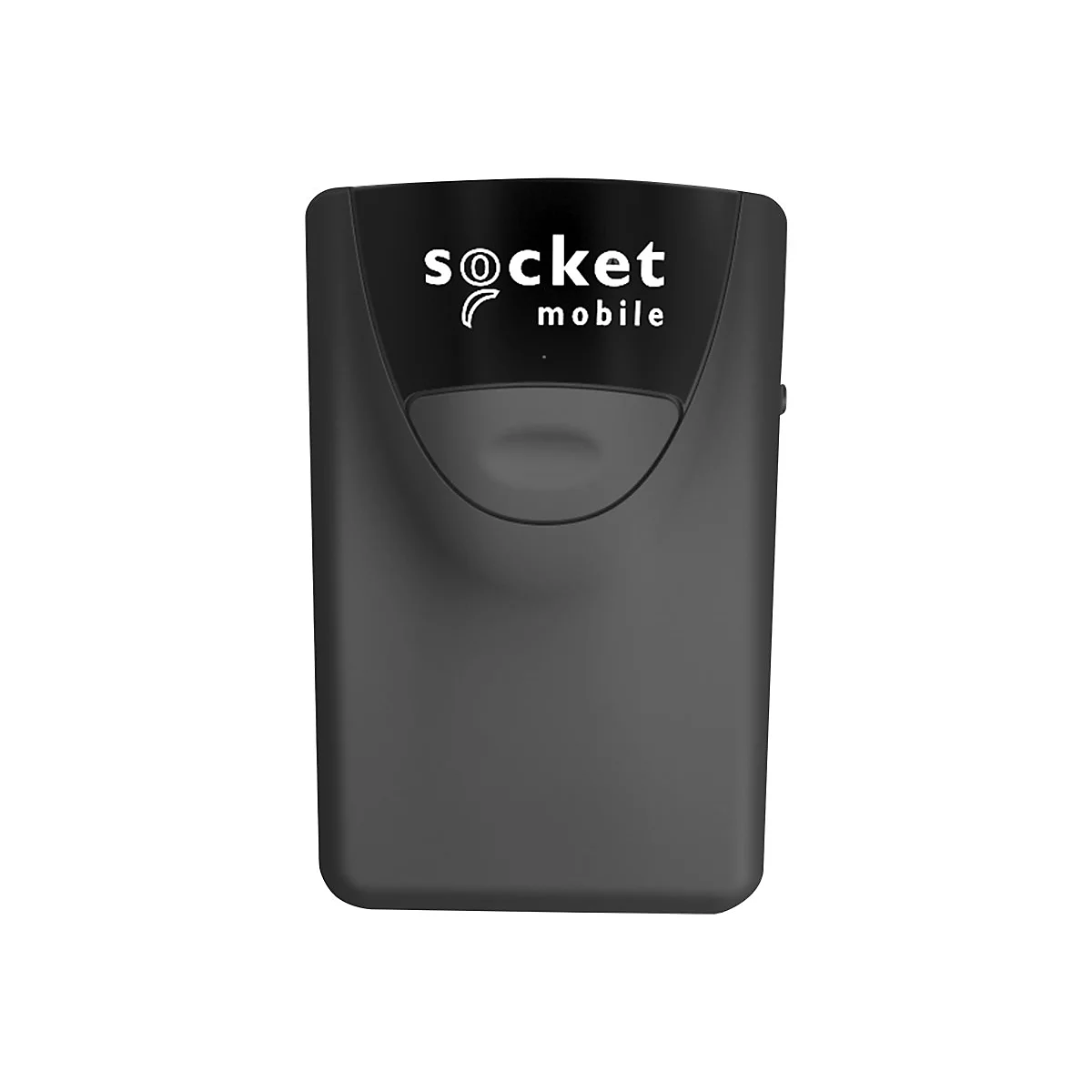 Schwarzes rechteckiges Gerät mit abgerundeten Ecken. Oben steht "socket mobile". Darunter ein Knopf. Hintergrund weiß.