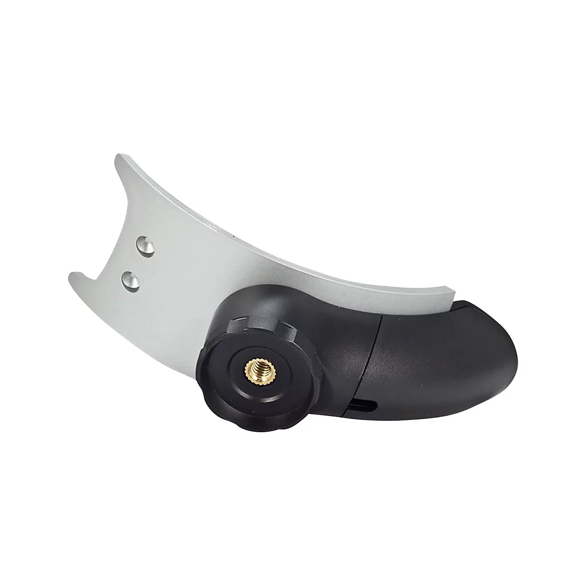 Detailaufnahme eines Kamera-Zubehörs mit silbernem Metallbügel und schwarzem Drehknopf, isoliert auf weißem Hintergrund.