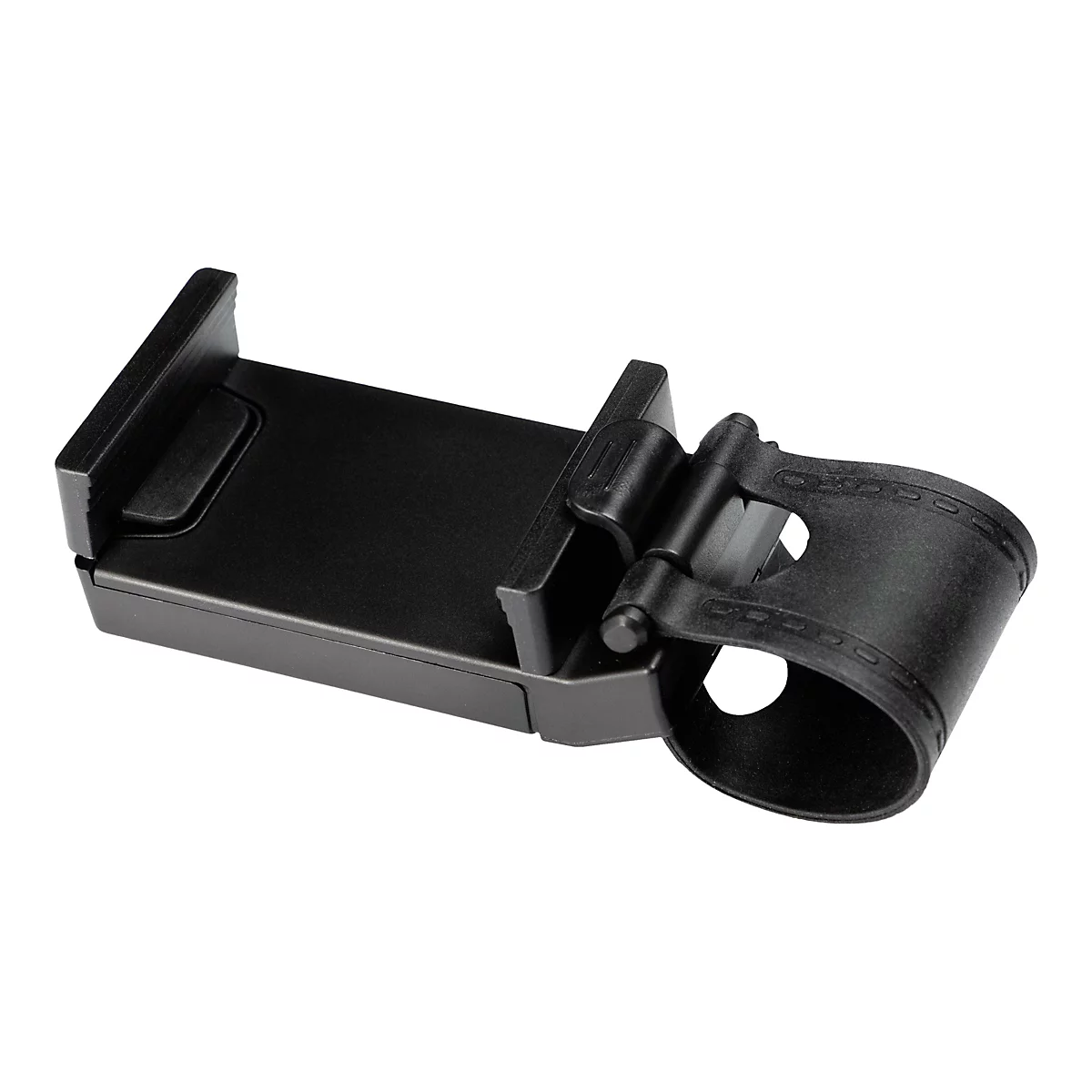 Schwarze Handyhalterung für das Lenkrad im Detail. Oben die Halterung für das Handy, unten die Halterung für das Lenkrad.