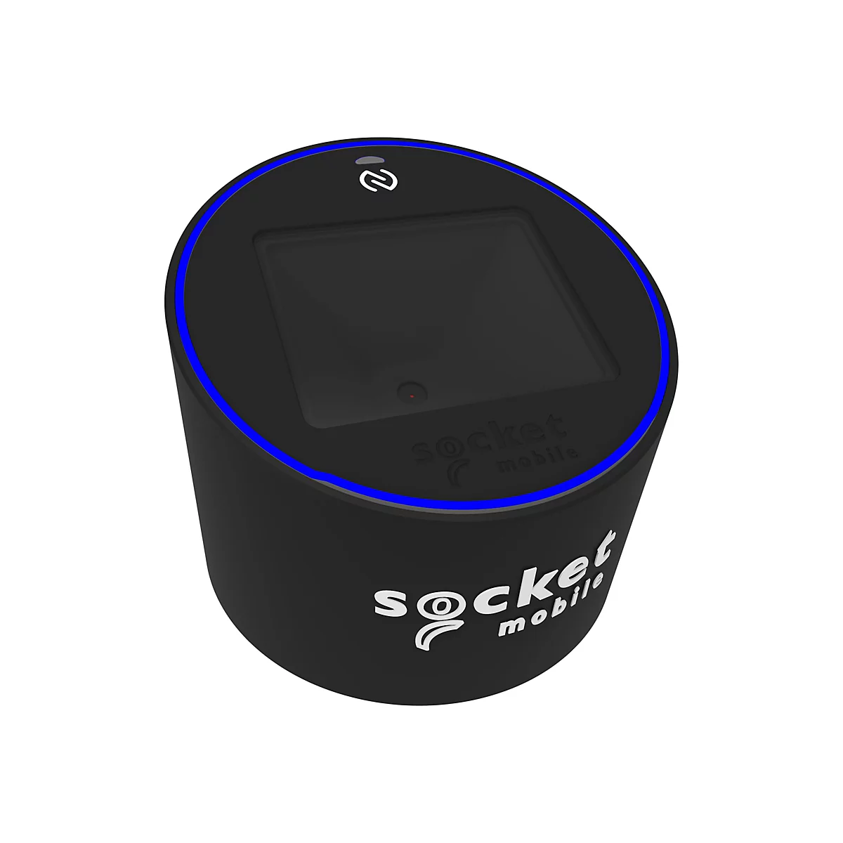 Schwarzes, zylindrisches Gerät mit blauem Lichtring und "socket mobile"-Logo. Oben ist ein rechteckiger Ausschnitt.